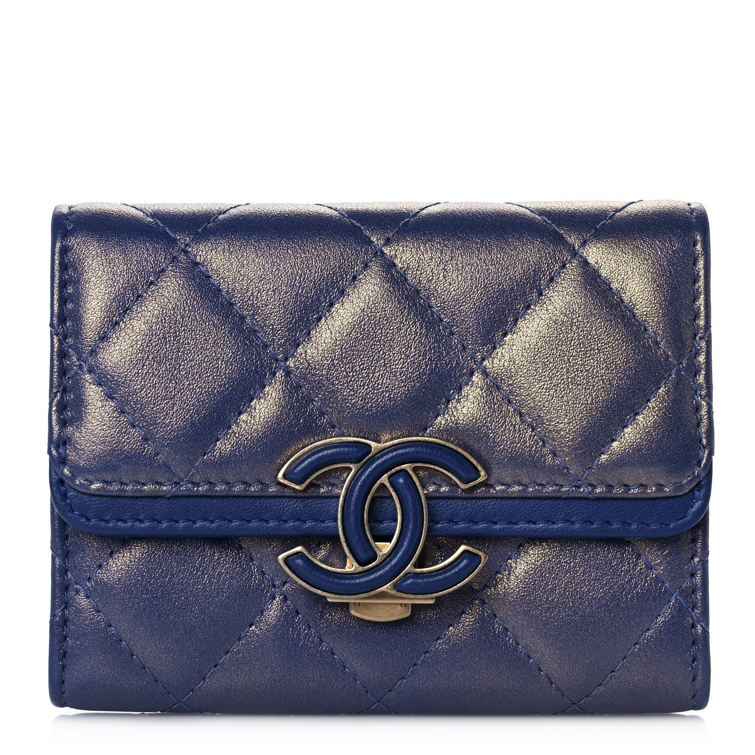 Chanel Metallic Calfskin Quilted CC Chic Flap Card Holder Blue 1 of 12