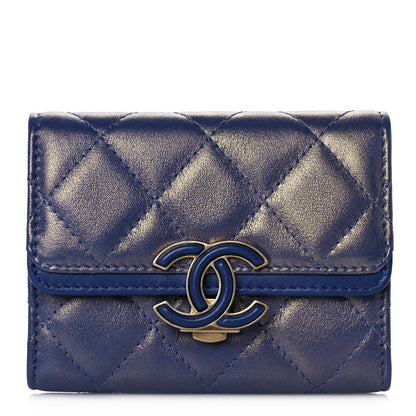 Chanel Metallic Calfskin Quilted CC Chic Flap Card Holder Blue 1 of 12