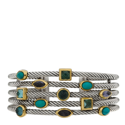 David Yurman Sterling Silver 18K Yellow Gold Blue Topaz Turquoise Amethyst Confetti 5 Row Bracelet 1 of 3