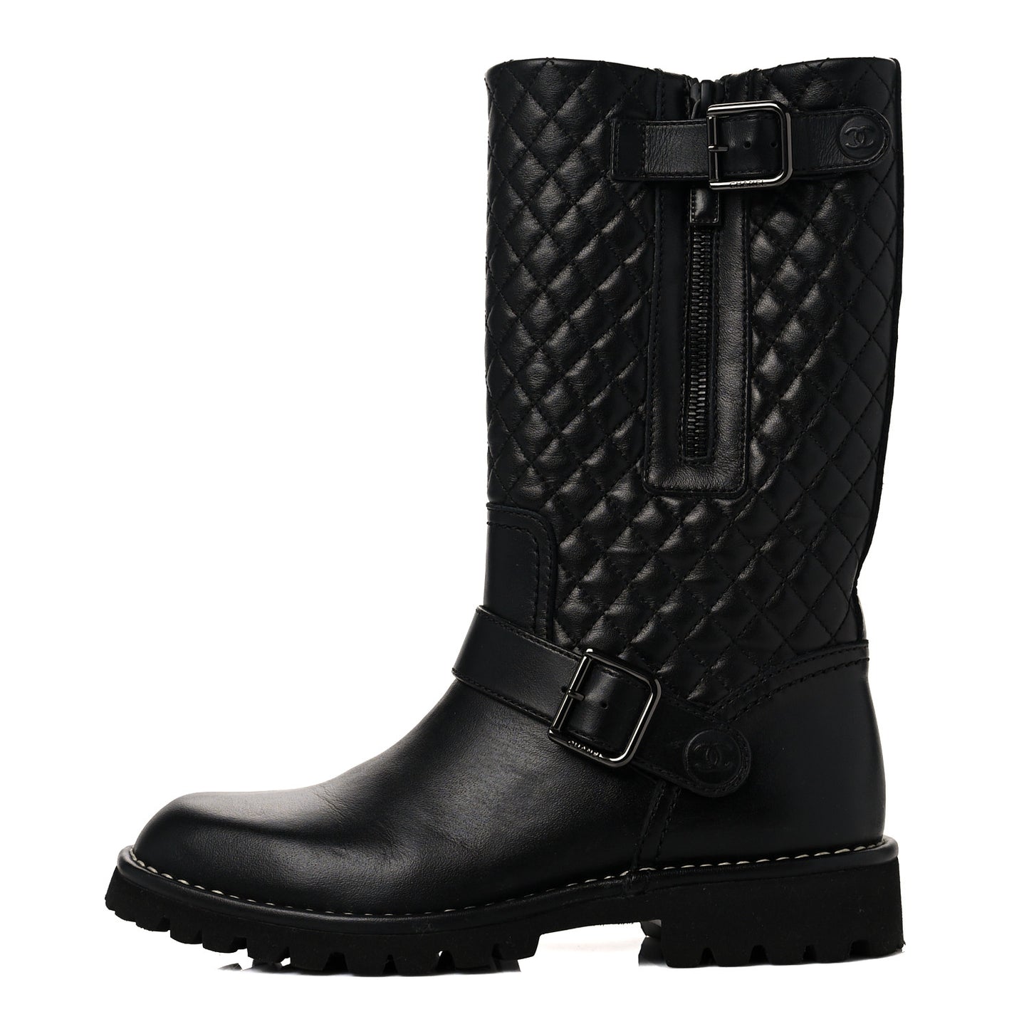 Calfskin Quilted Biker Boots 36.5 Black