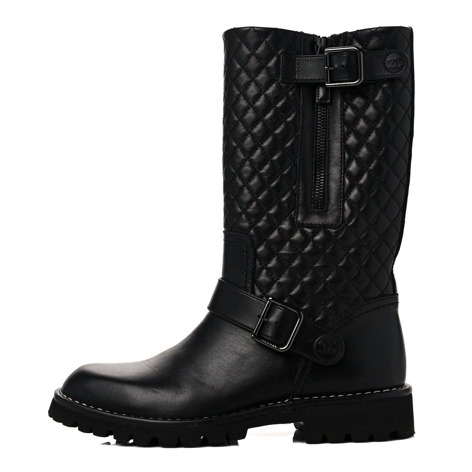 Chanel Calfskin Quilted Biker Boots 36.5 Black 1 of 6
