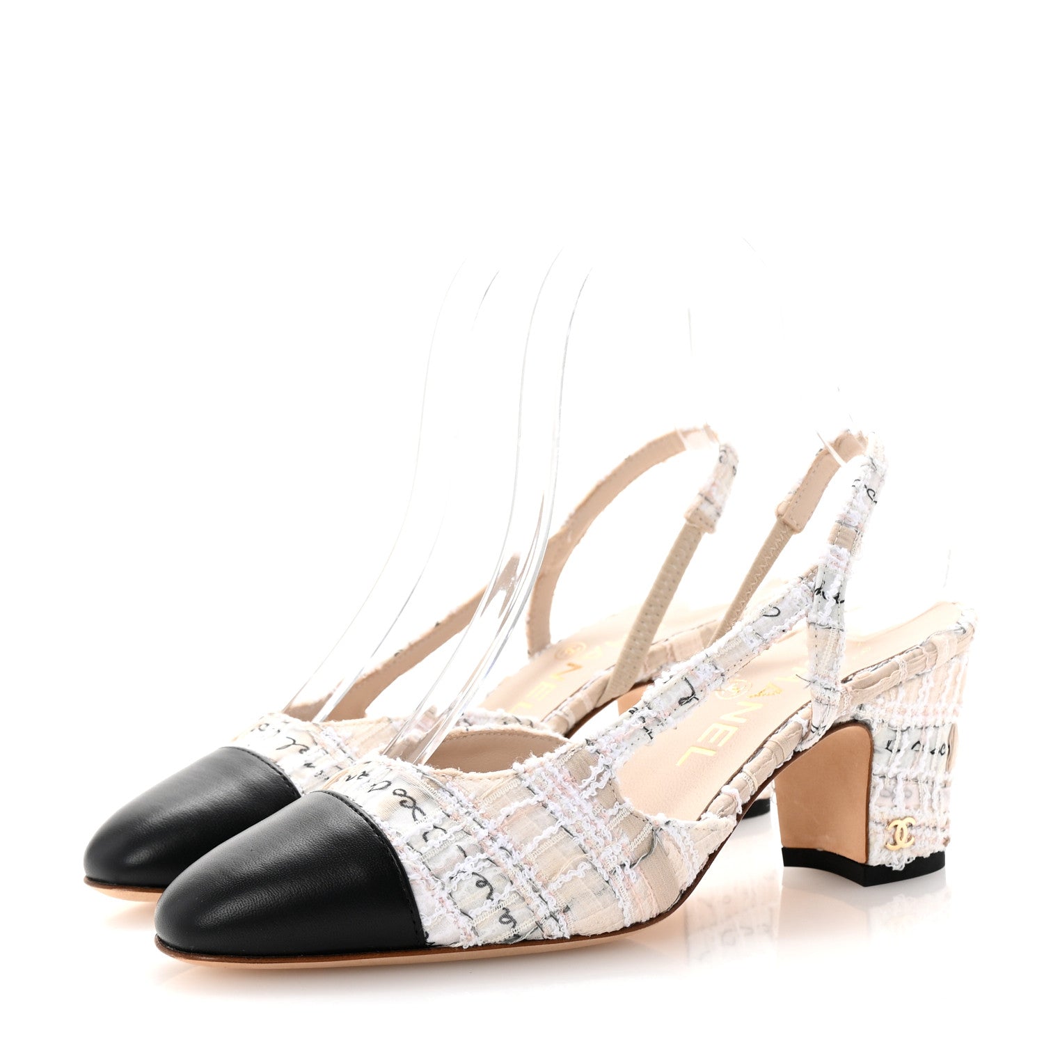 Chanel Tweed Lambskin Cap Toe CC Logo Slingback Pumps 35 Beige Ecru Black 4 of 10
