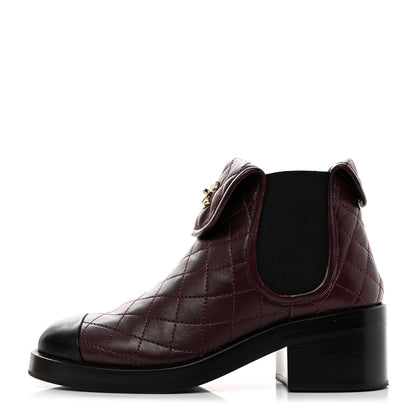 Chanel Lambskin Quilted Cap Toe CC Turnlock Booties 36 Burgundy Black 1 of 9