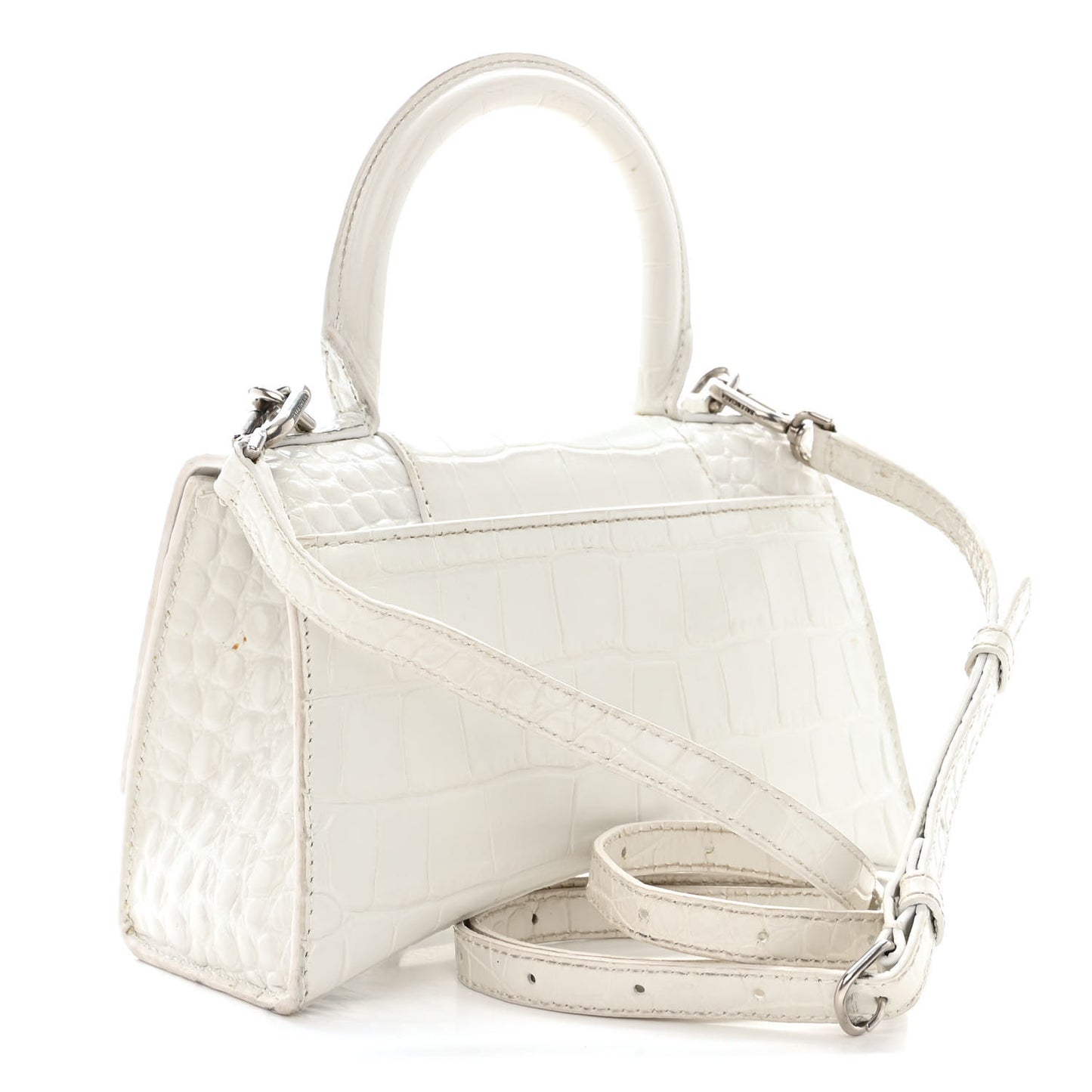 Shiny Calfskin Crocodile Embossed Hourglass Top Handle Bag XS White