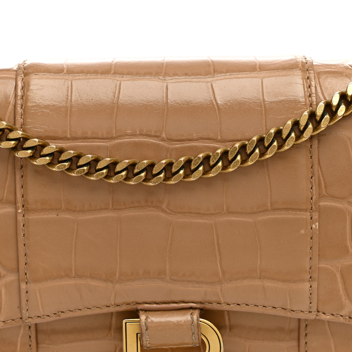 Balenciaga Shiny Calfskin Crocodile Embossed Hourglass Chain Bag Nude Beige 7 of 10