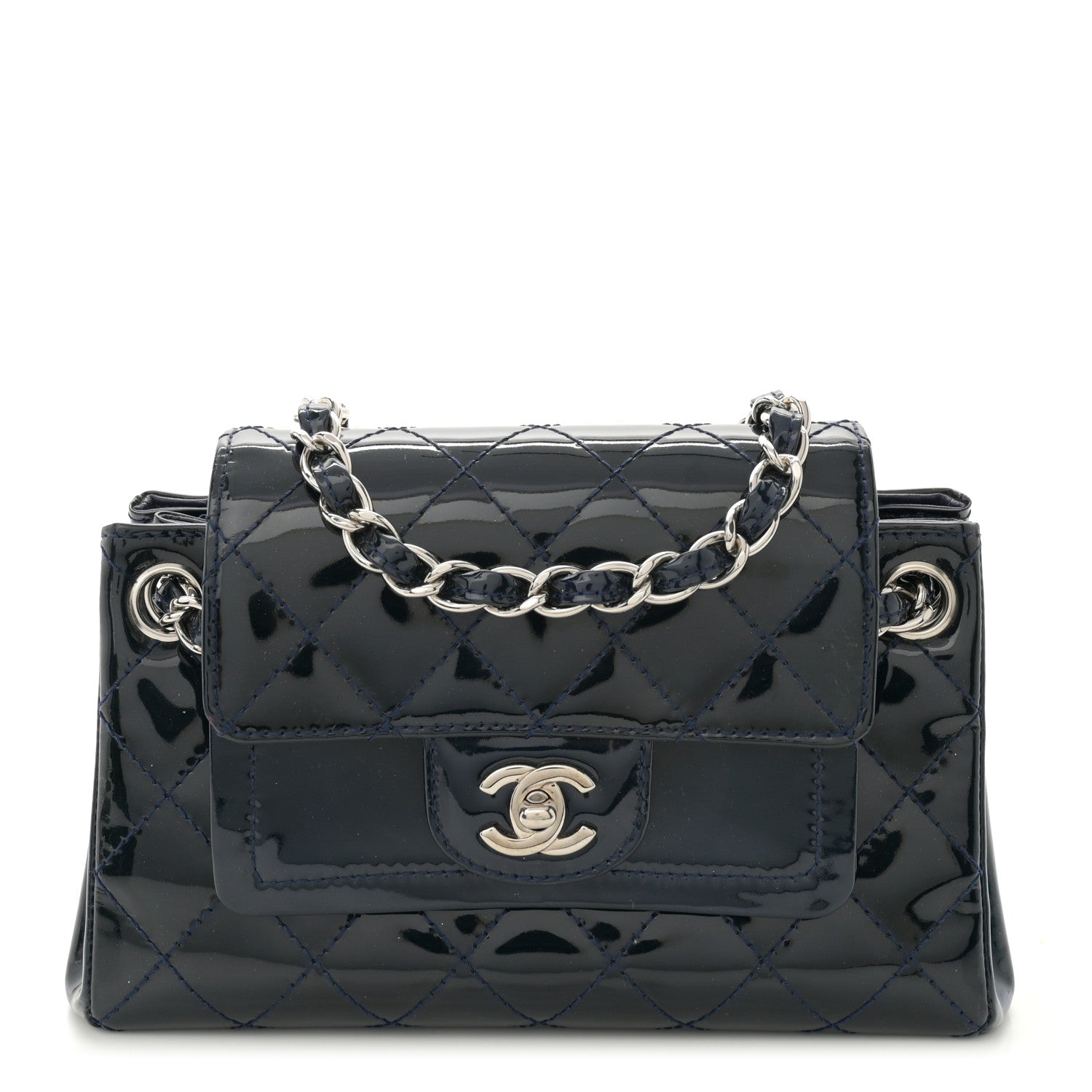 Chanel Patent Quilted Accordion Double Flap Navy Blue 1 of 10