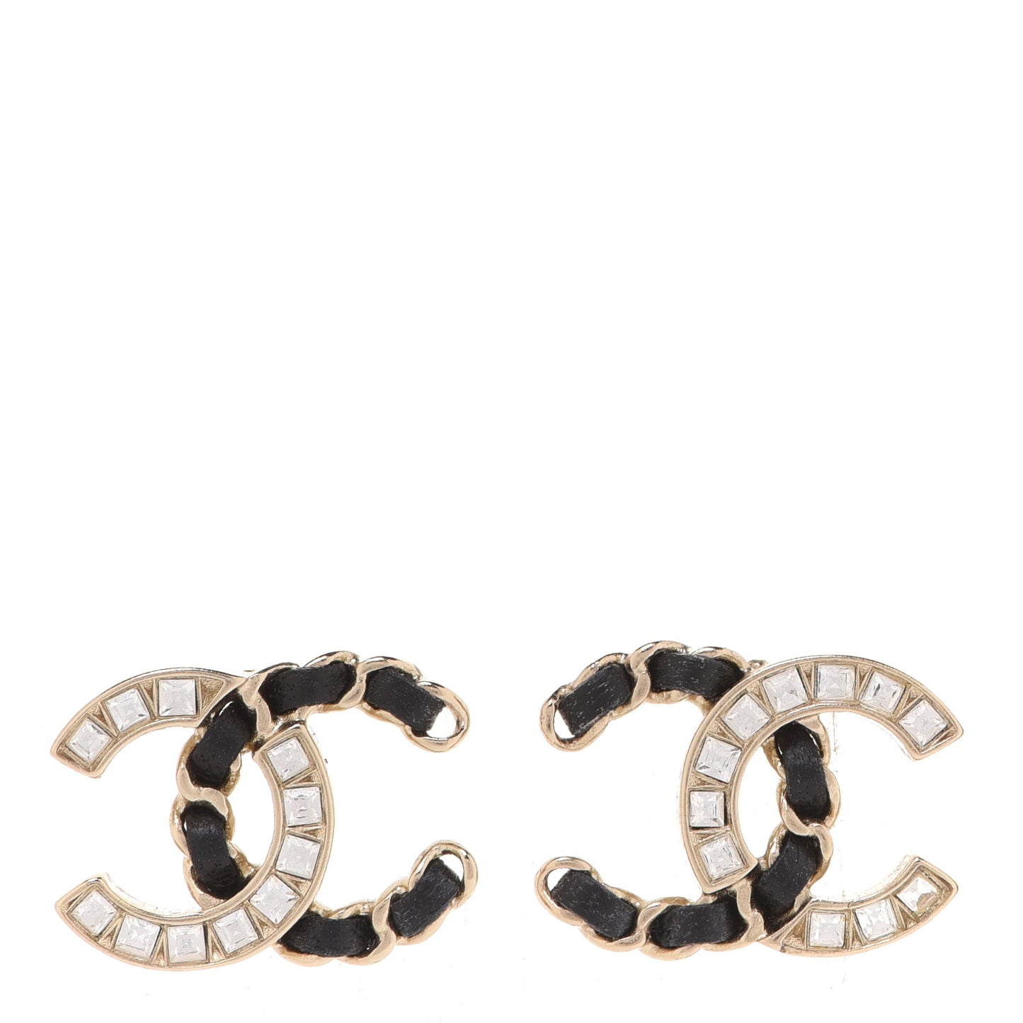 Crystal Baguette Lambskin Chain CC Vintage Allure Stud Earrings Black Gold