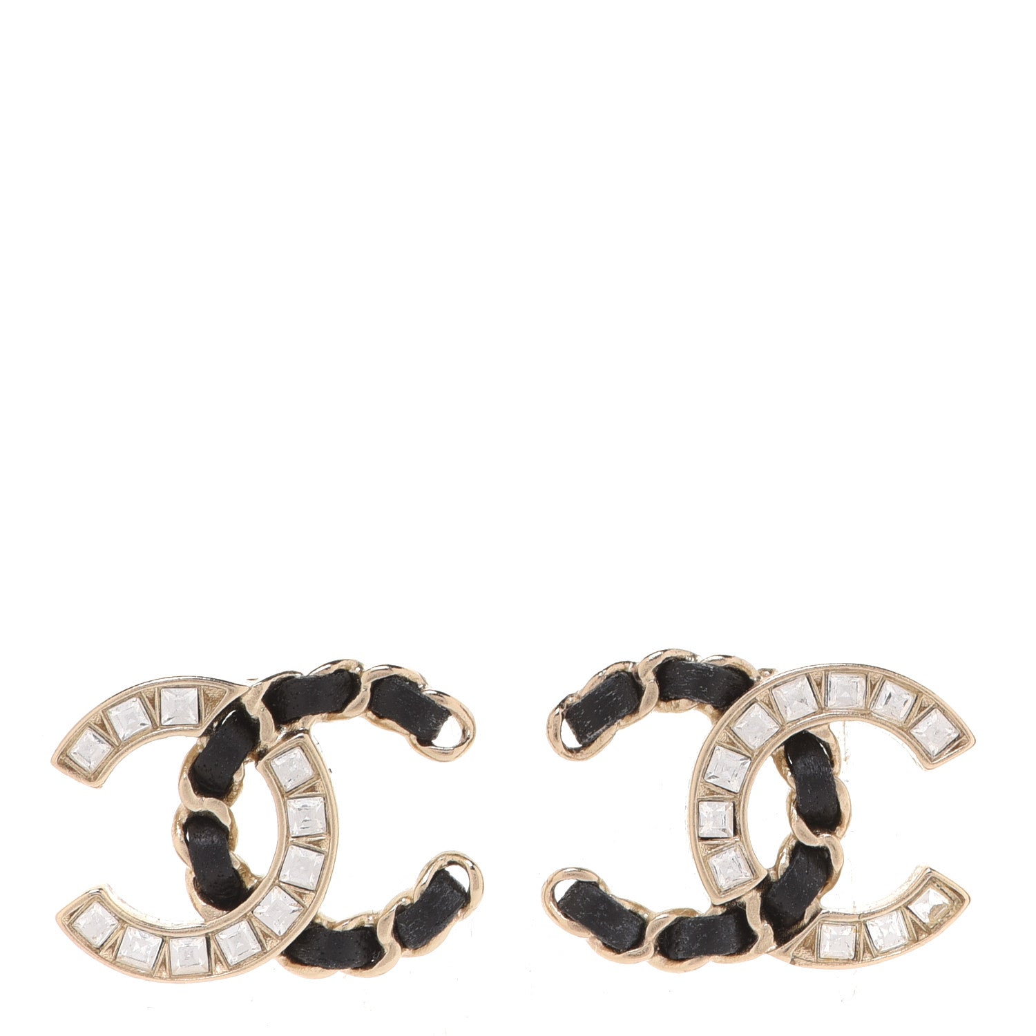Chanel Crystal Baguette Lambskin Chain CC Vintage Allure Stud Earrings Black Gold 1 of 5