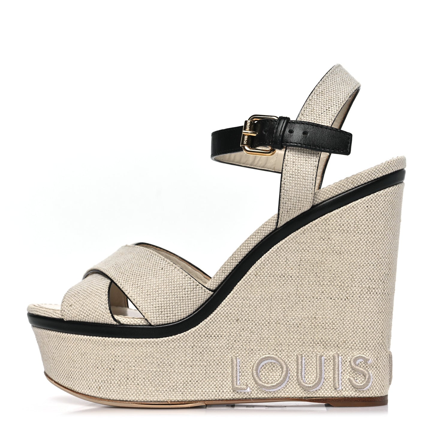 Calfskin Canvas Wedge Sandals 38 Beige Black