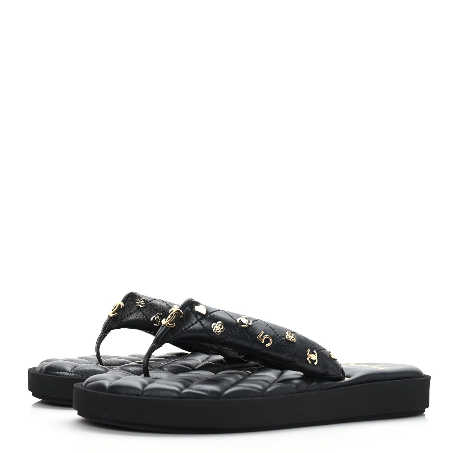 Lambskin Quilted Padded Charms Thong Sandals 39.5 Black