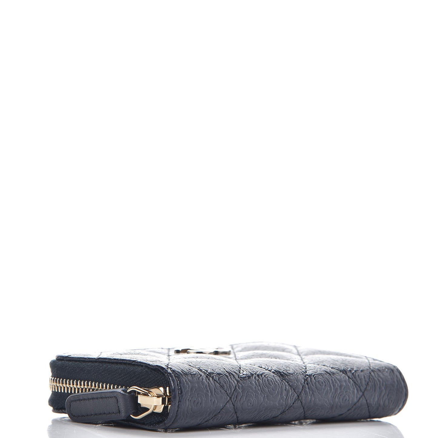 Calfskin Camellia Embossed Zip Coin Purse Navy