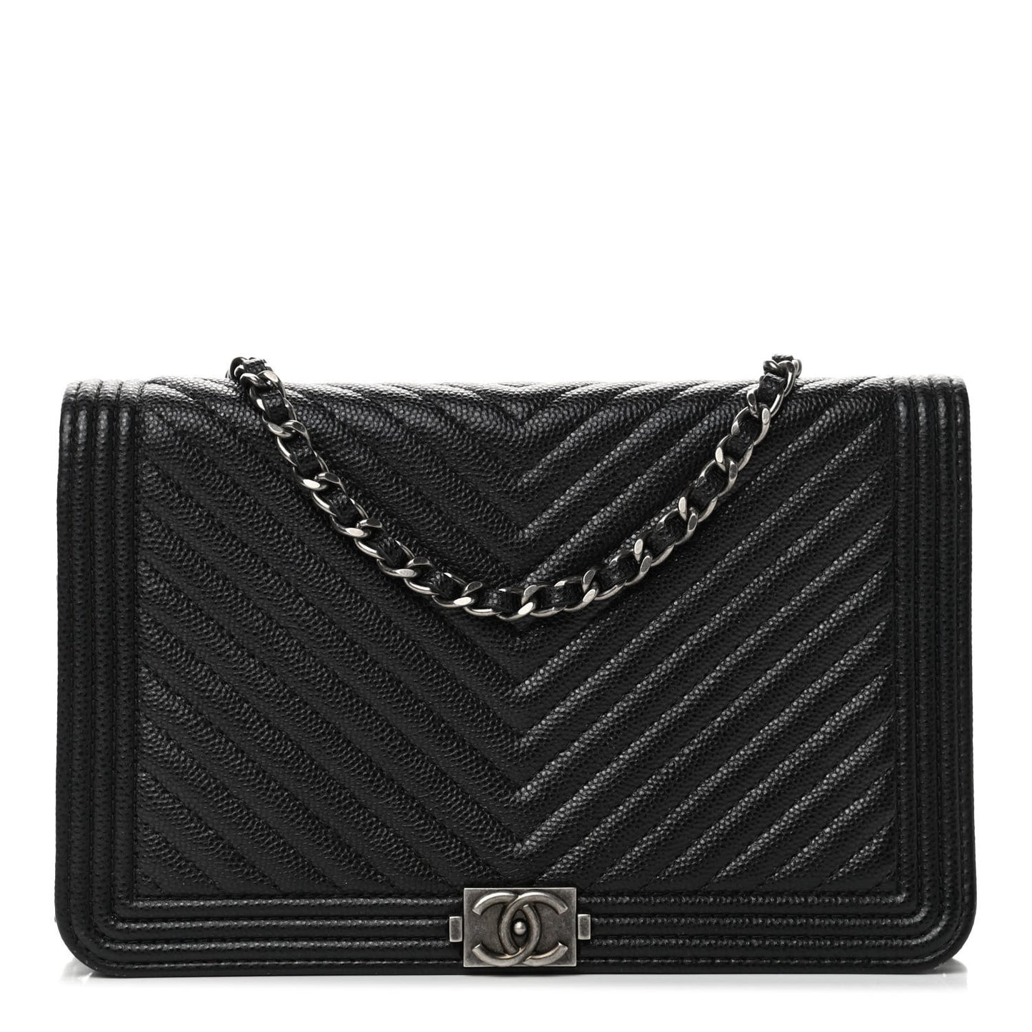 Caviar Chevron Quilted Boy Wallet On Chain WOC Black