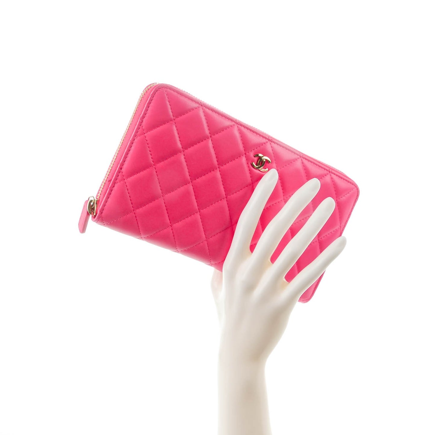 Lambskin Quilted Large Zip Around Organizer Wallet Dark Pink
