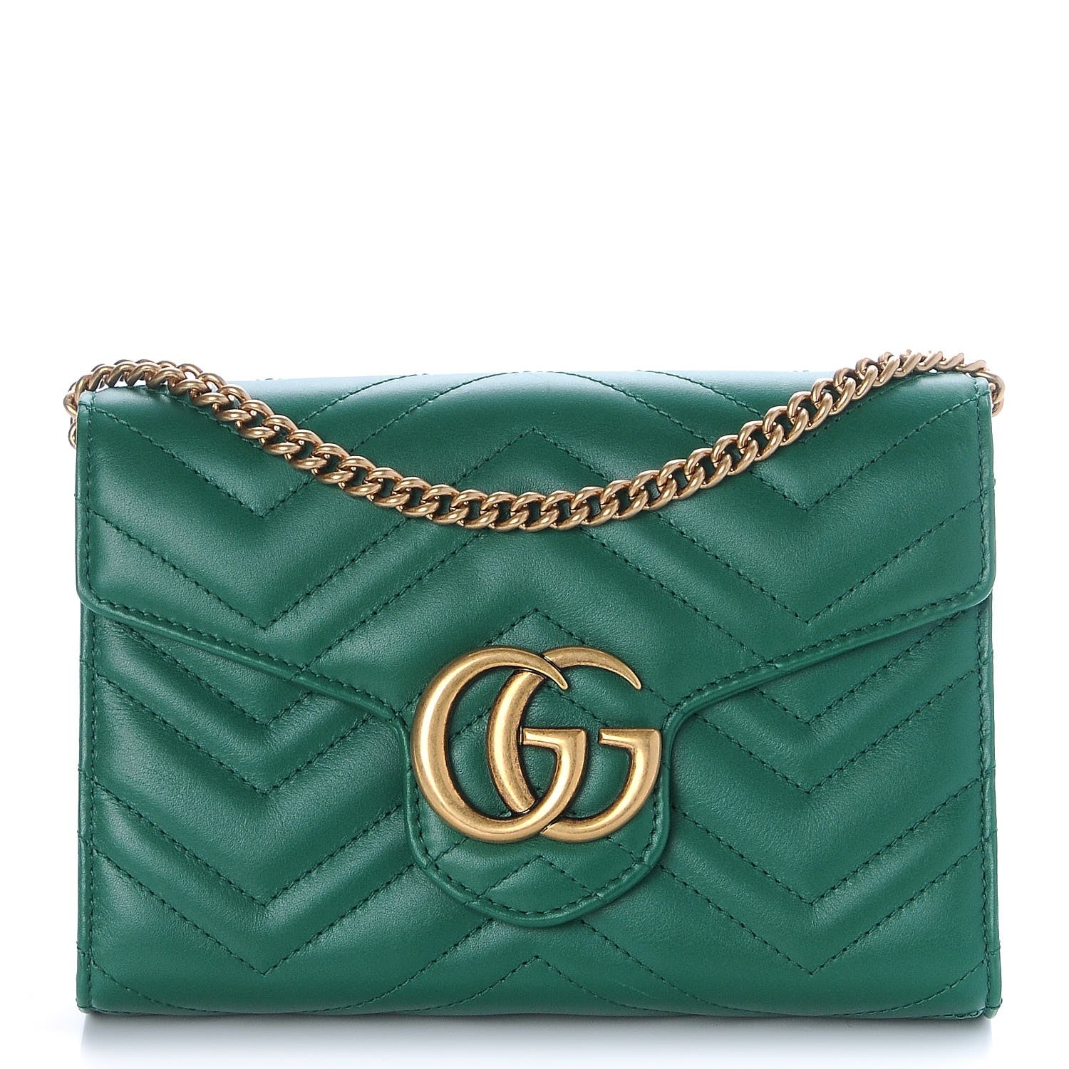 Gucci Calfskin Matelasse GG Marmont Chain Wallet Emerald Green 1 of 7