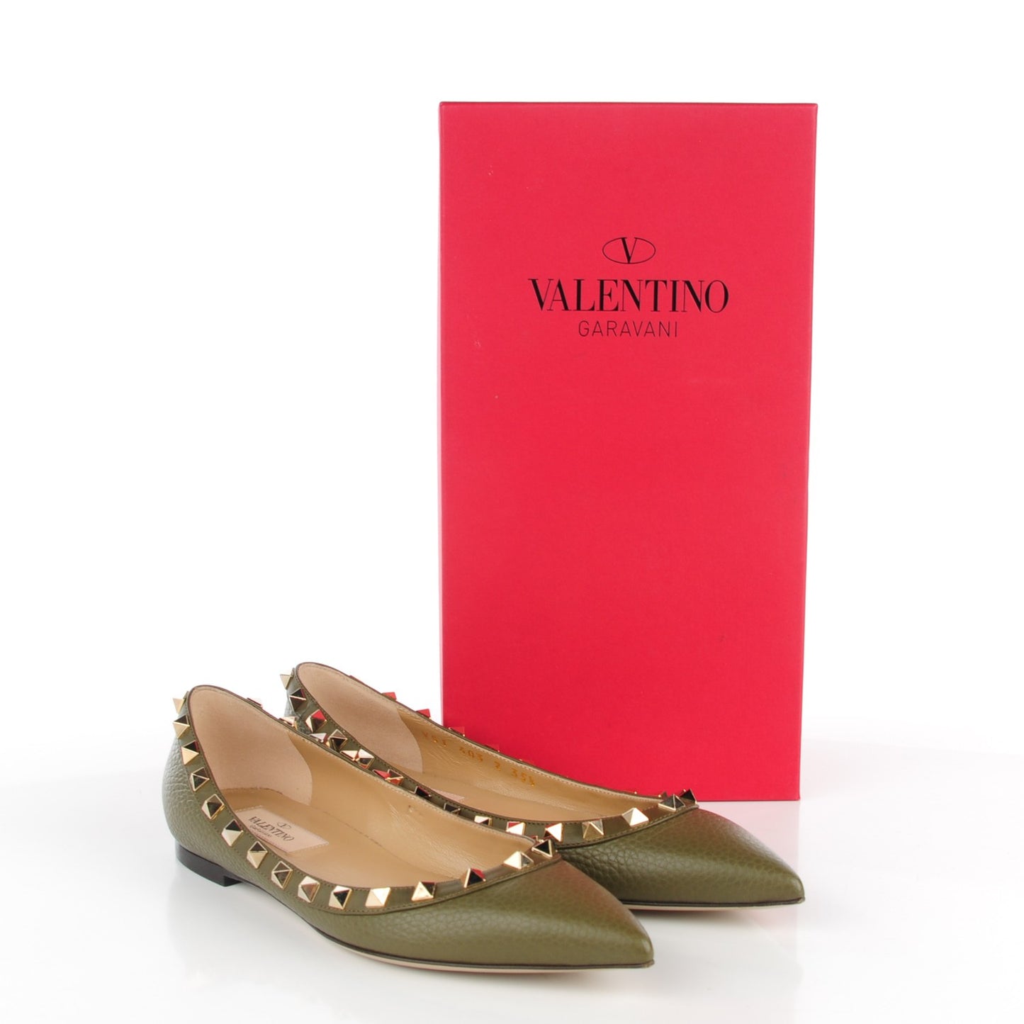 Pebbled Calfskin Rockstud Ballerina Flats 35.5 Army Green