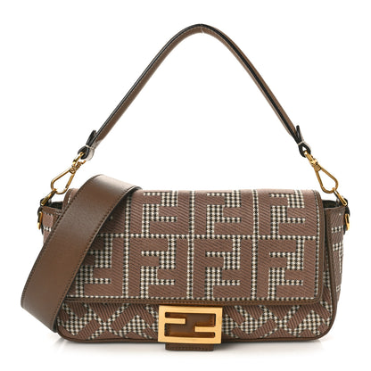 Fendi Wool Vitello King Houndstooth FF Embroidered Baguette Beige Moro 1 of 12