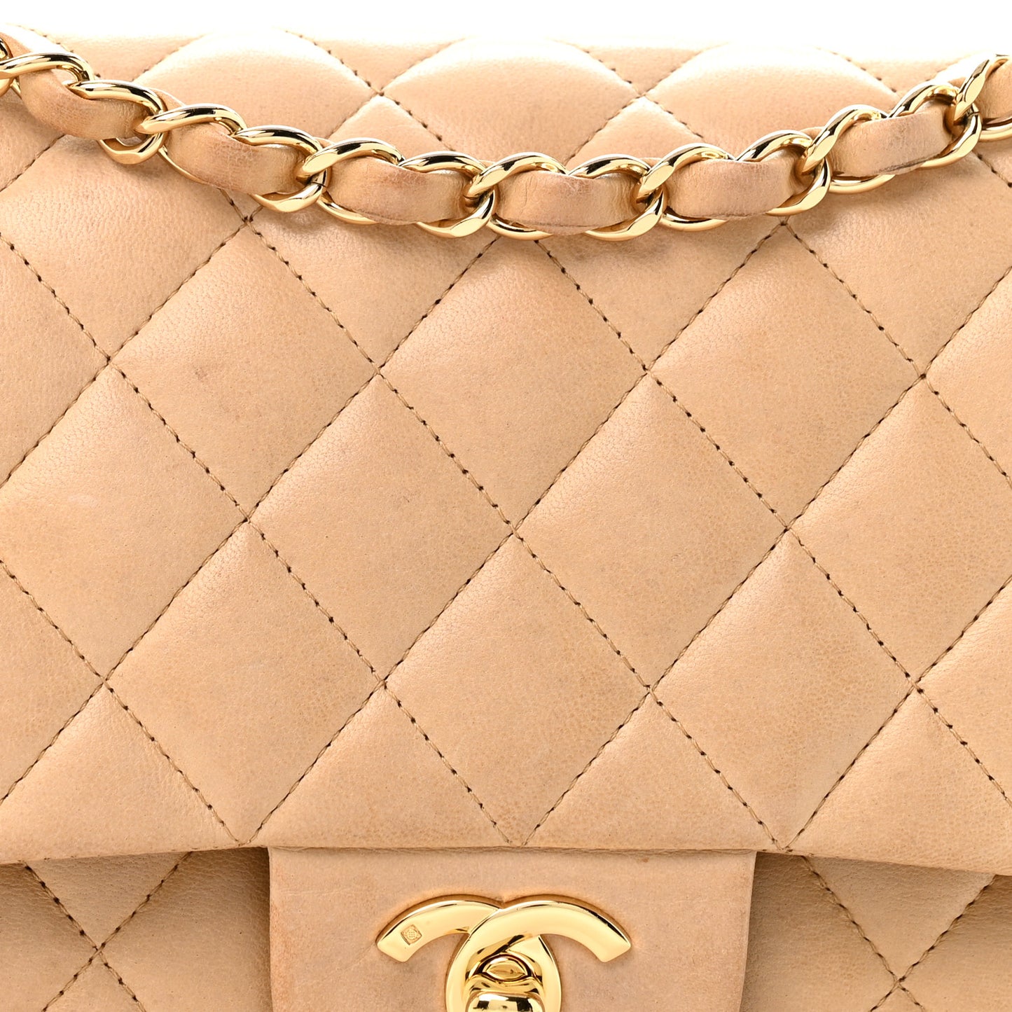 Lambskin Quilted Medium Double Flap Beige