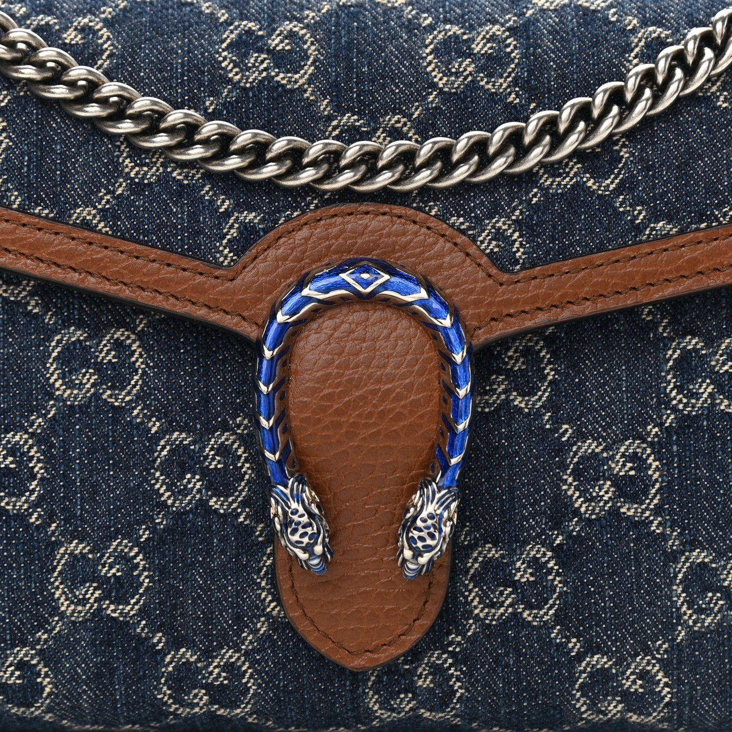 New Denim GG Monogram Dollar Calfskin Enamel Mini Dionysus Chain Wallet Blue Tea Cuir Epilog Electric Blue