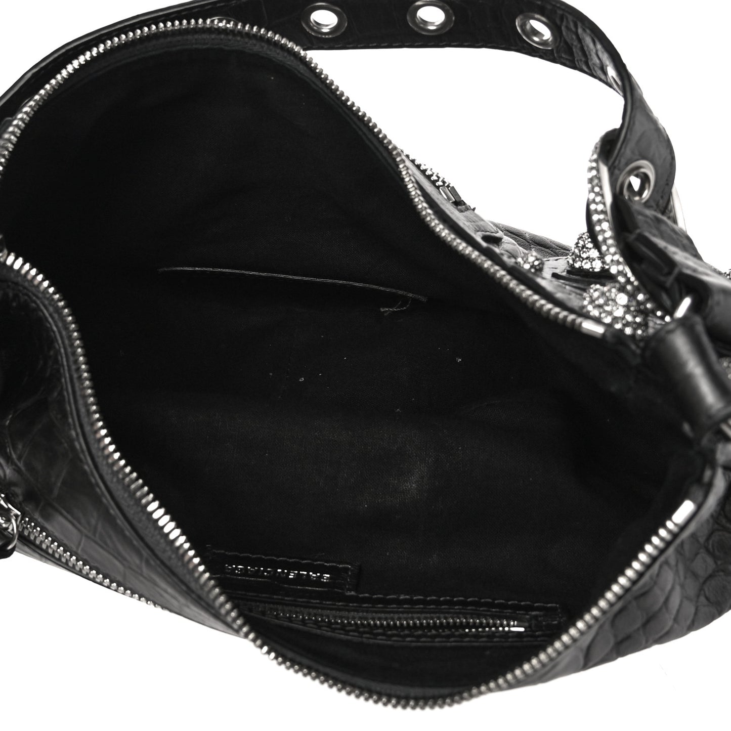 Metallic Calfskin Crocodile Embossed Crystal Small Le Cagole Shoulder Bag Gunmetal