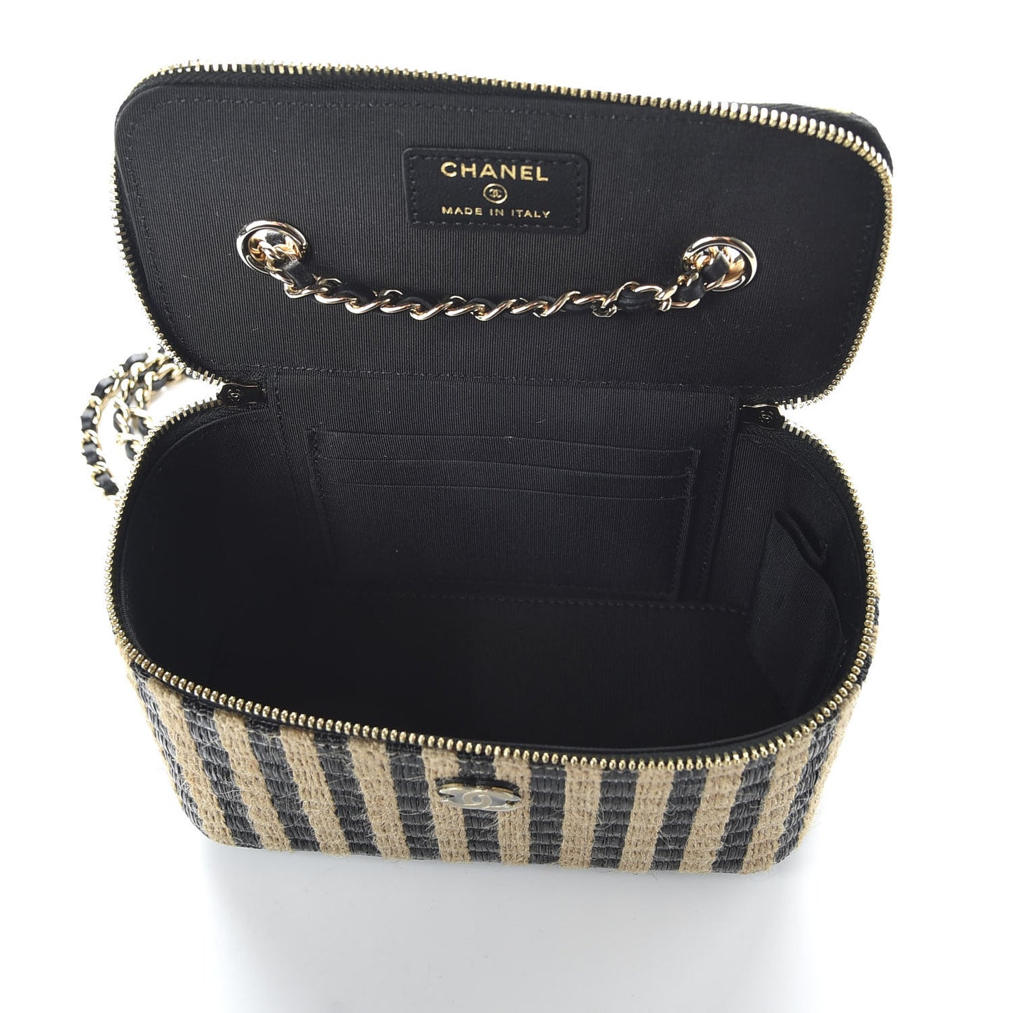 Raffia Jute Striped Small Vanity Case With Chain Black Beige