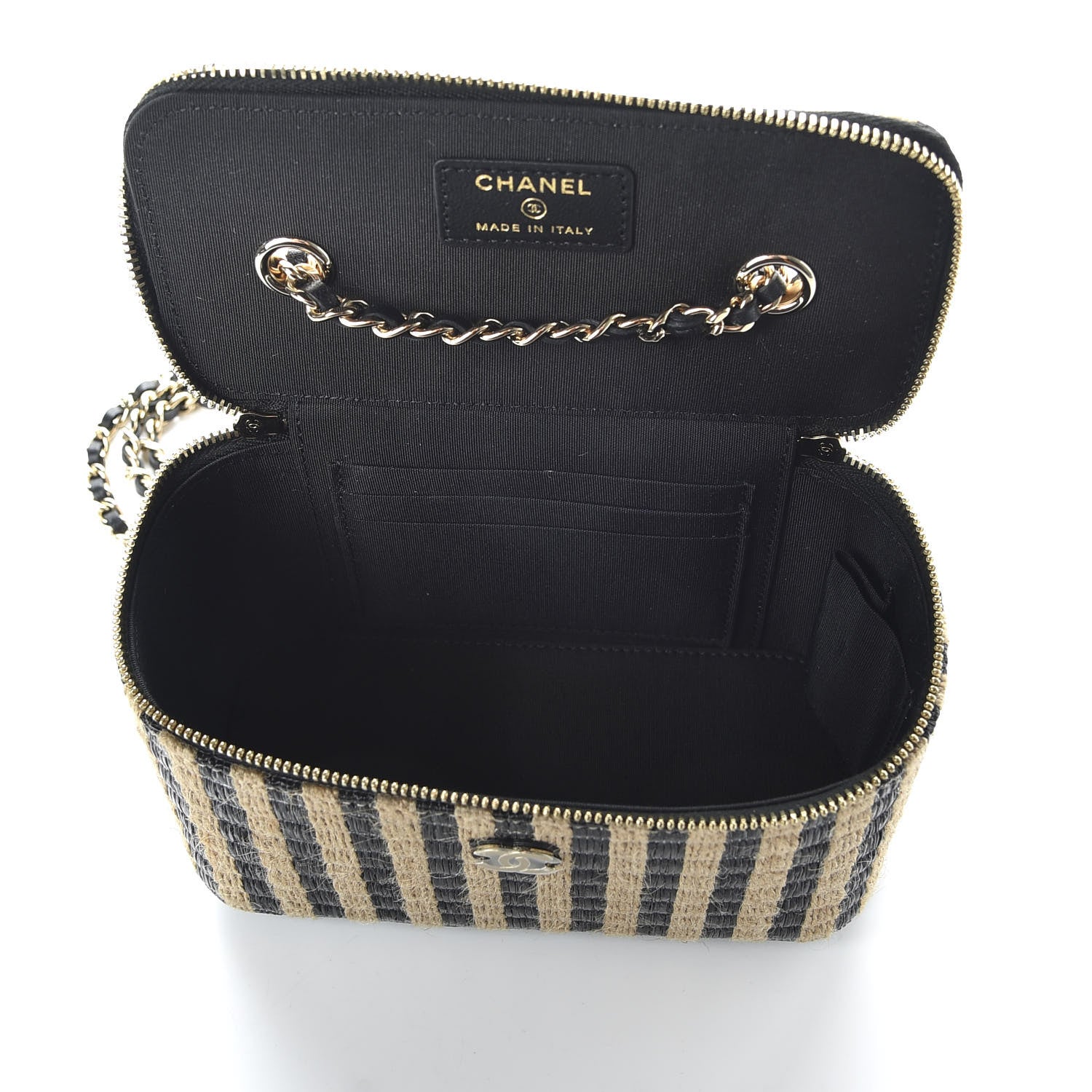 Chanel Raffia Jute Striped Small Vanity Case With Chain Black Beige 5 of 11