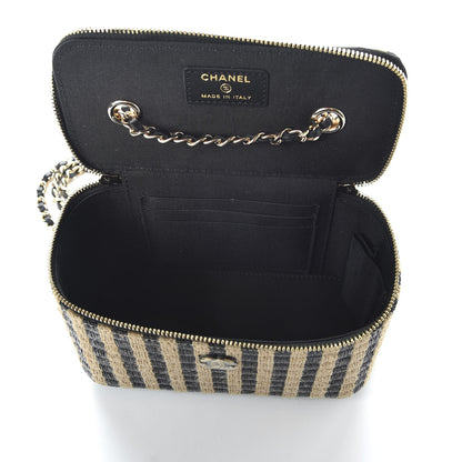 Chanel Raffia Jute Striped Small Vanity Case With Chain Black Beige 5 of 11