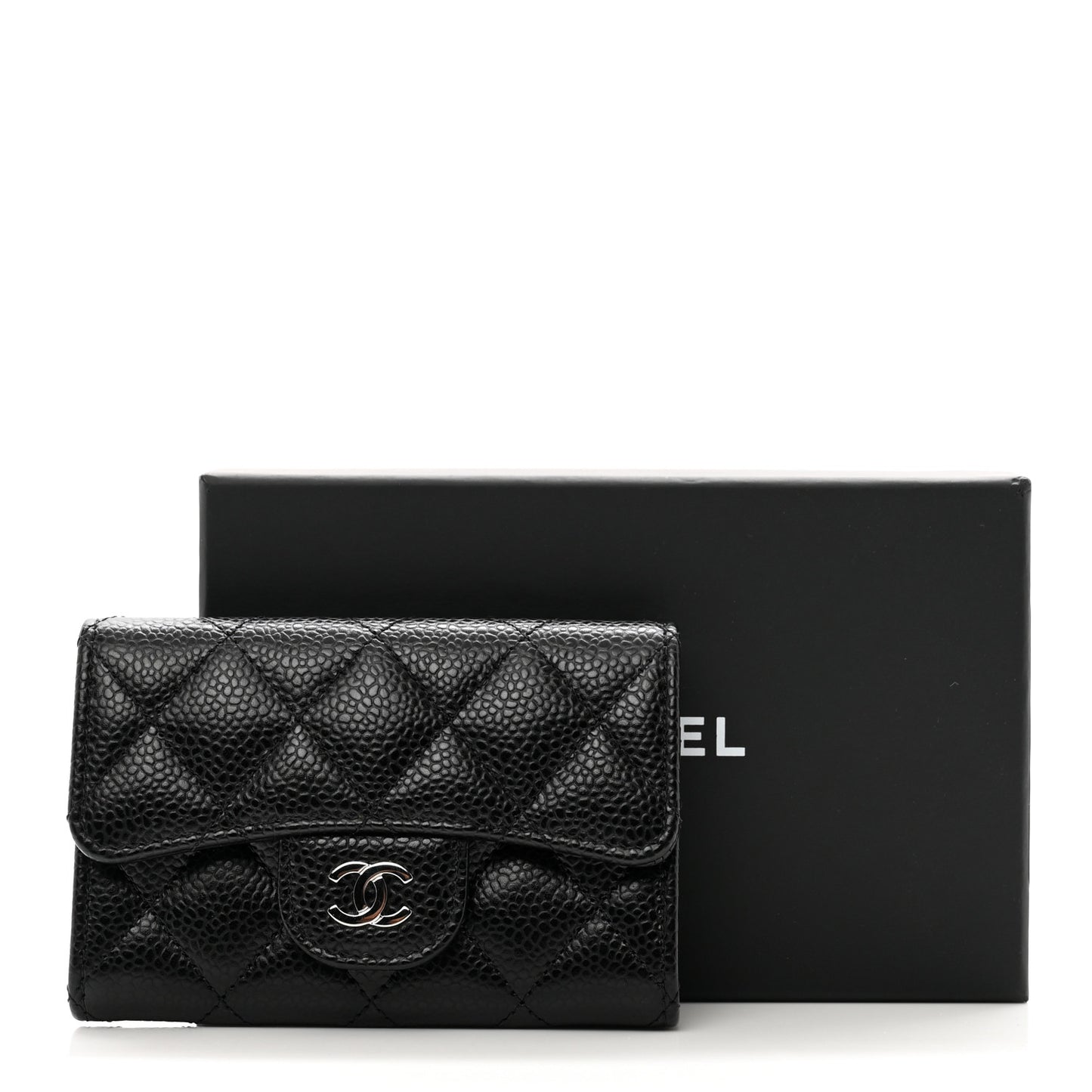 Caviar Quilted Flap Card Holder Wallet Black
