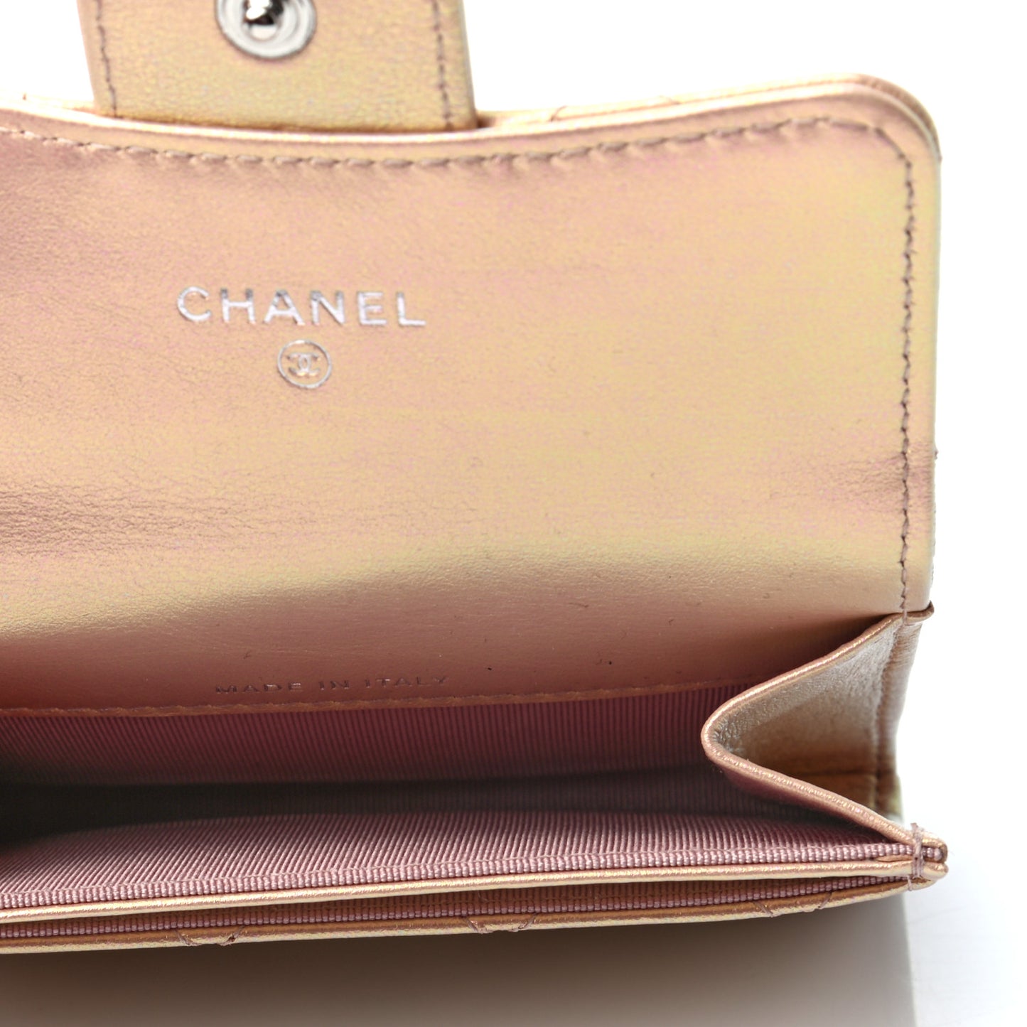 Iridescent Calfskin Quilted Flap Card Holder Wallet Pink