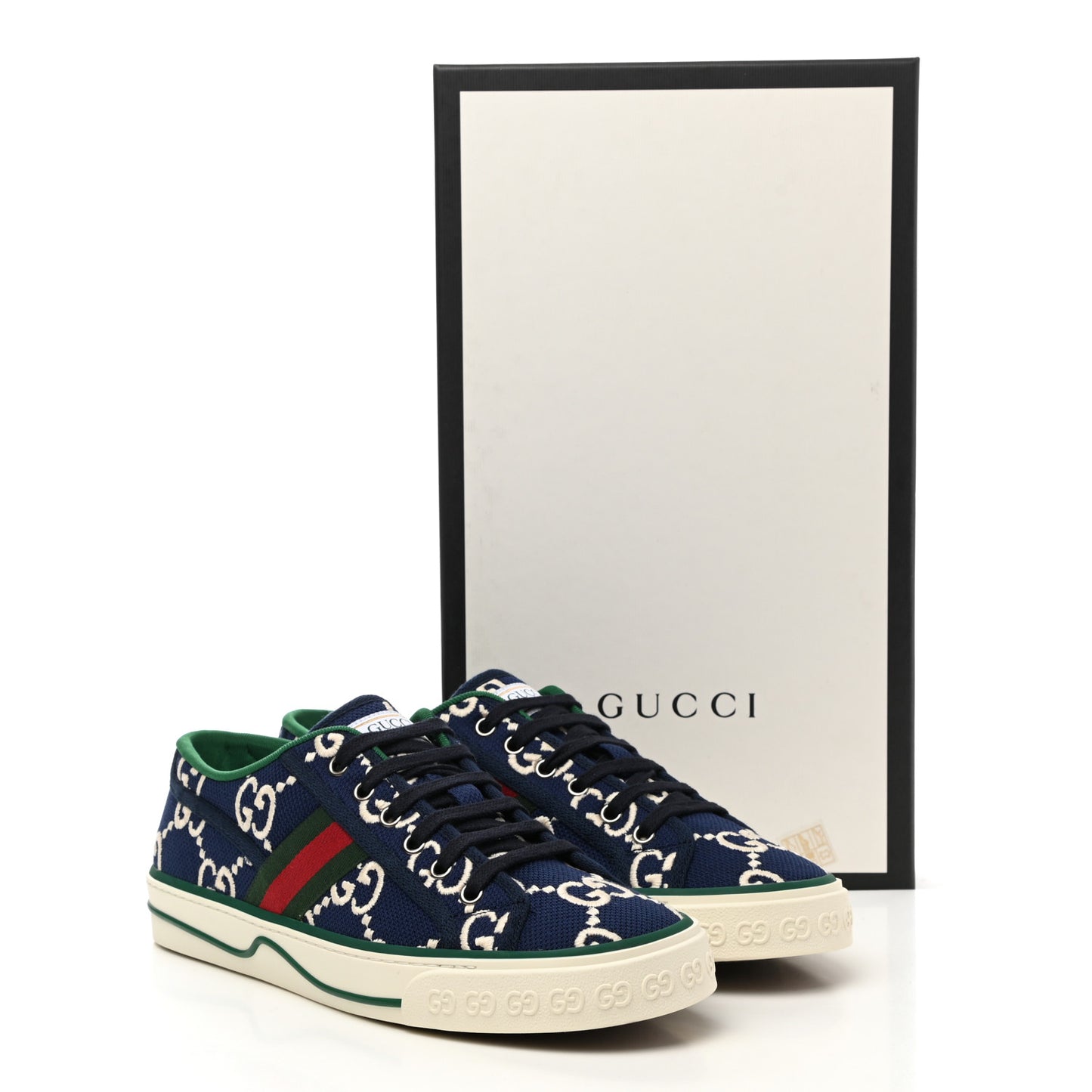 Cotton GG Monogram Web Mens 1977 Tennis Sneakers 7 Ink Ivory Blue