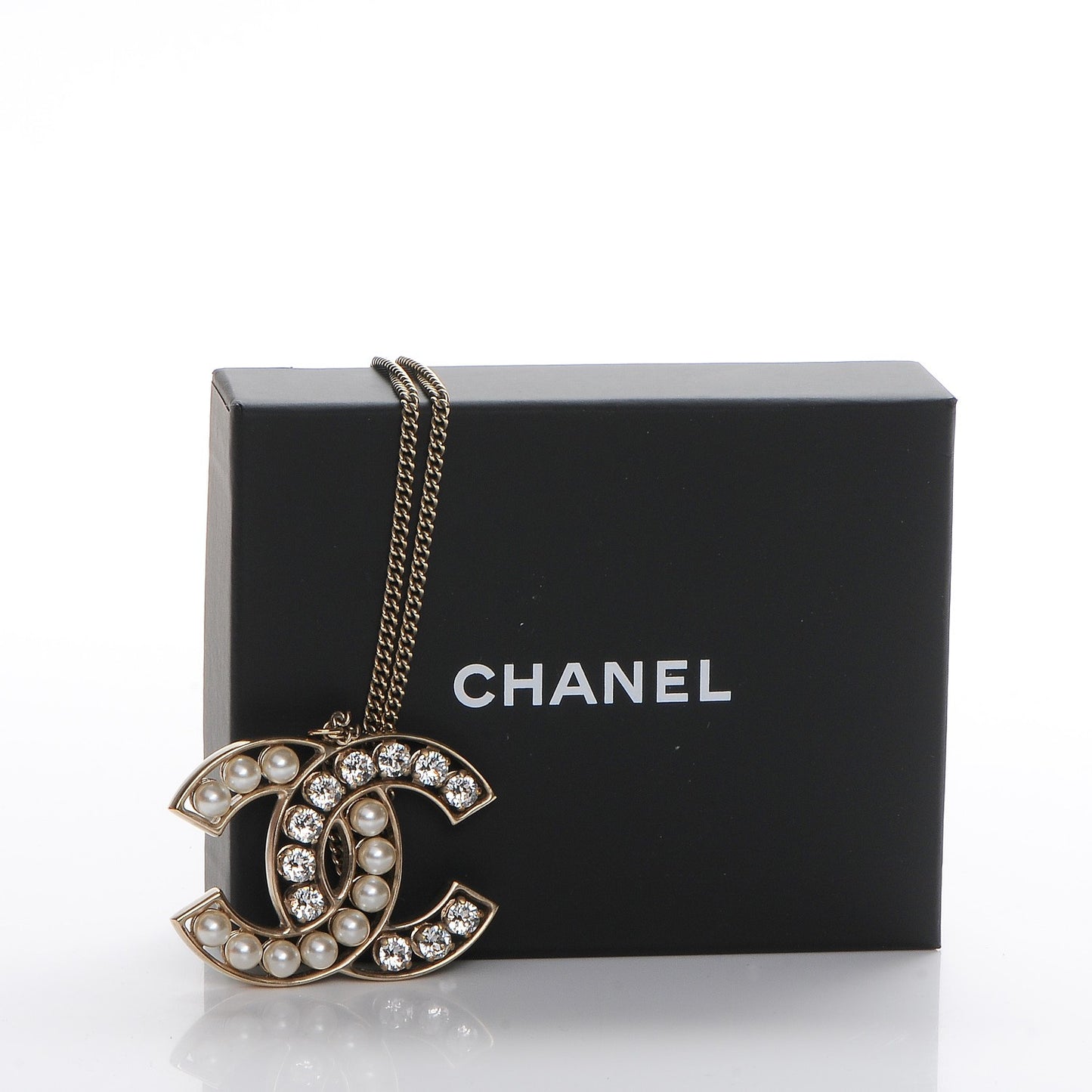 Crystal Pearl CC Pendant Necklace Gold