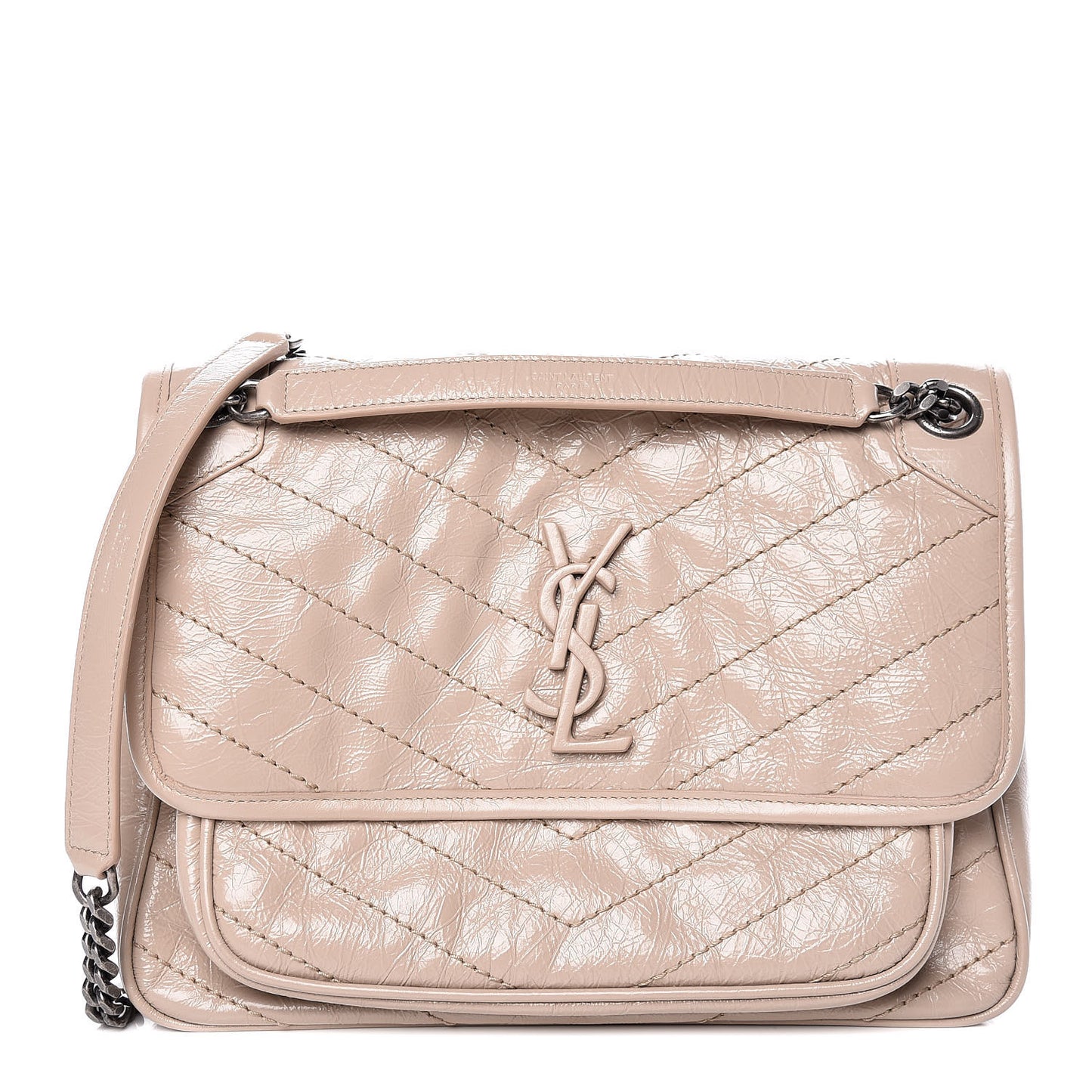 Crinkled Calfskin Matelasse Monogram Medium Niki Chain Satchel Light Natural
