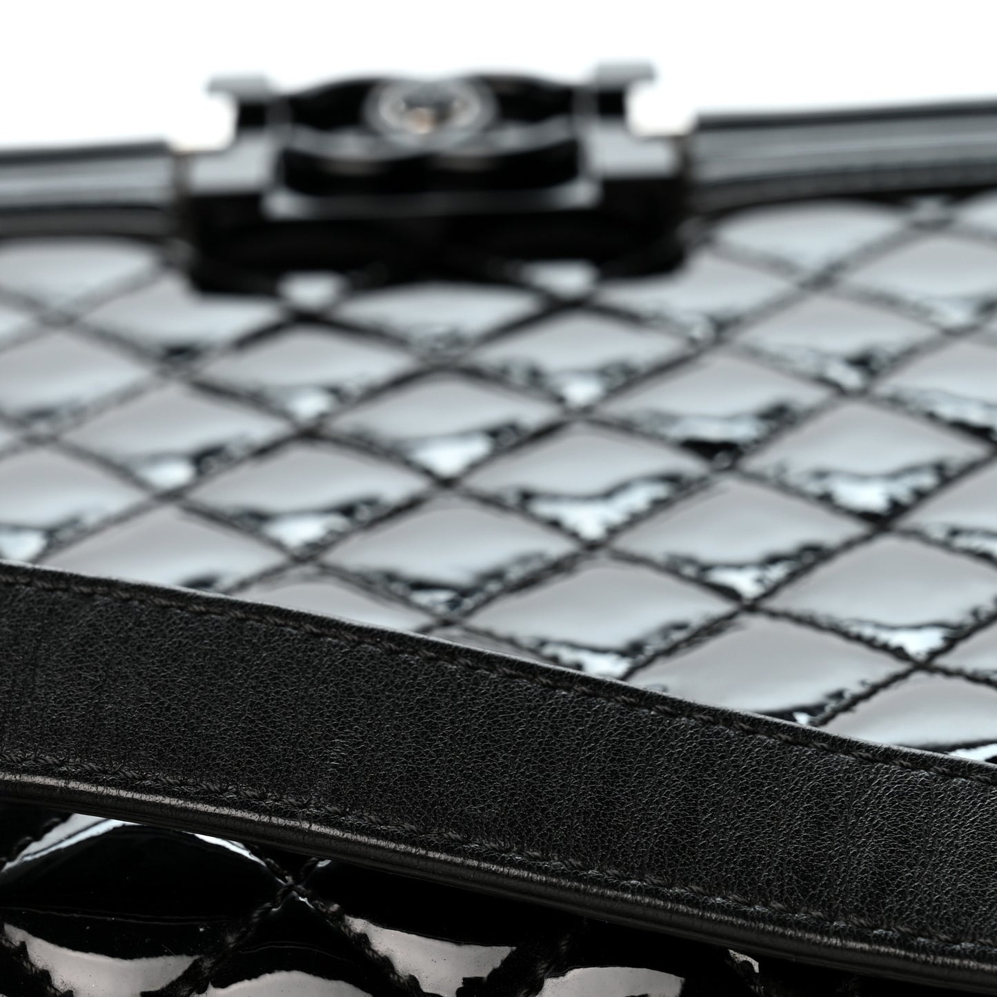 Patent Calfskin Quilted New Medium Plexiglass Boy Flap Black