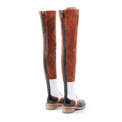 Chanel Suede Patent Calfskin Over The Knee Boots 37.5 Brown White Black 4 of 9