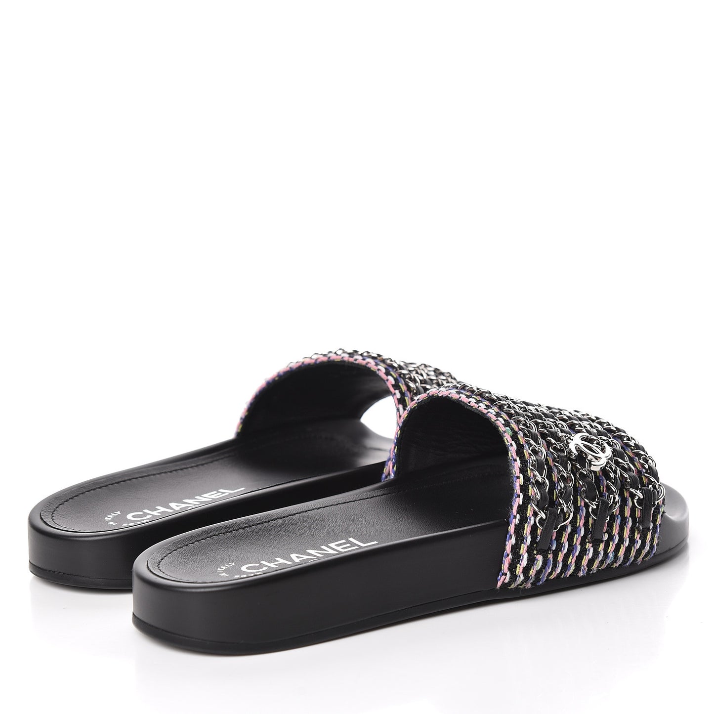 Tweed Lambskin Chain Flat Sandals 38 Black Multicolor