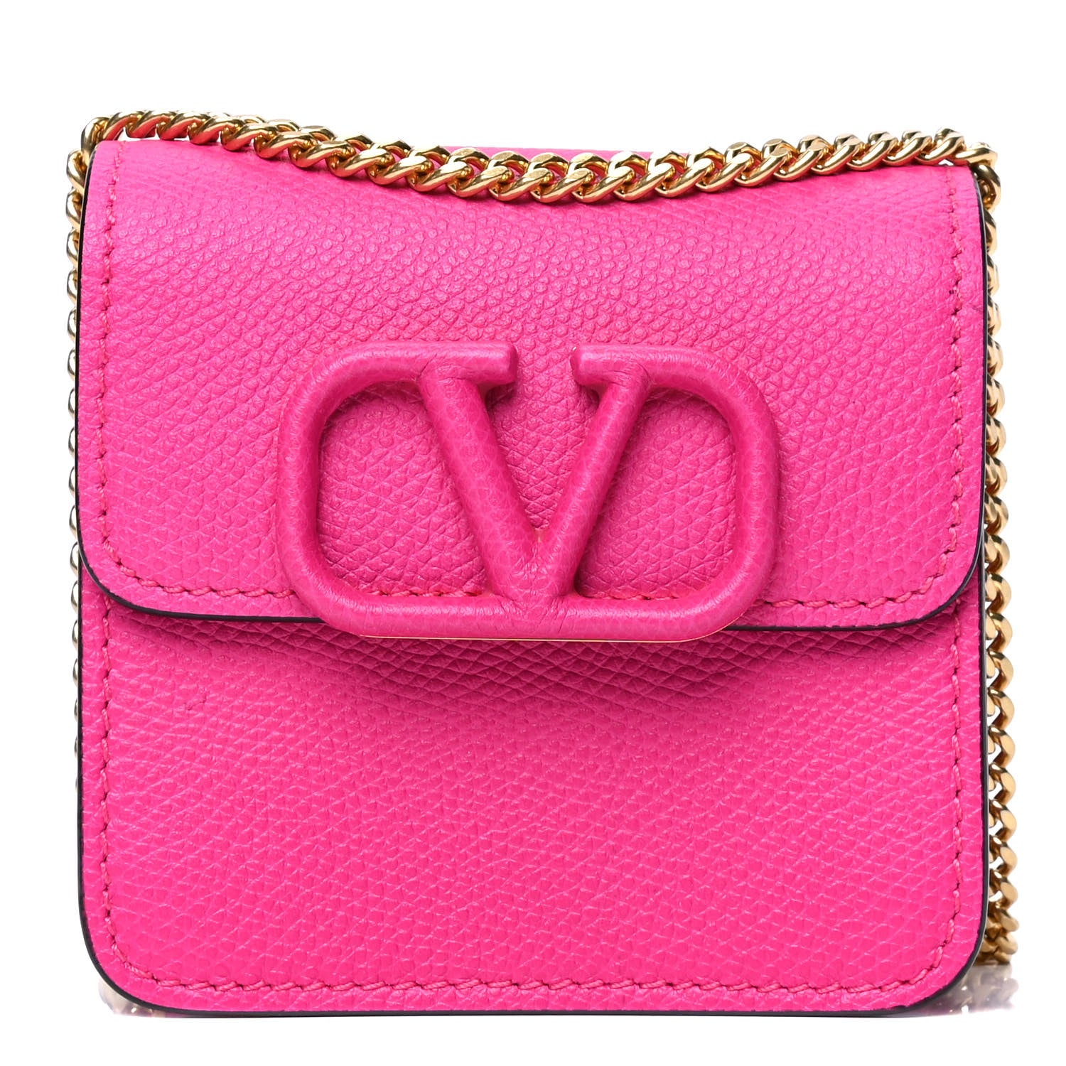 Valentino Garavani Grainy Calfskin Vlogo Compact Wallet with Chain Pink 1 of 4