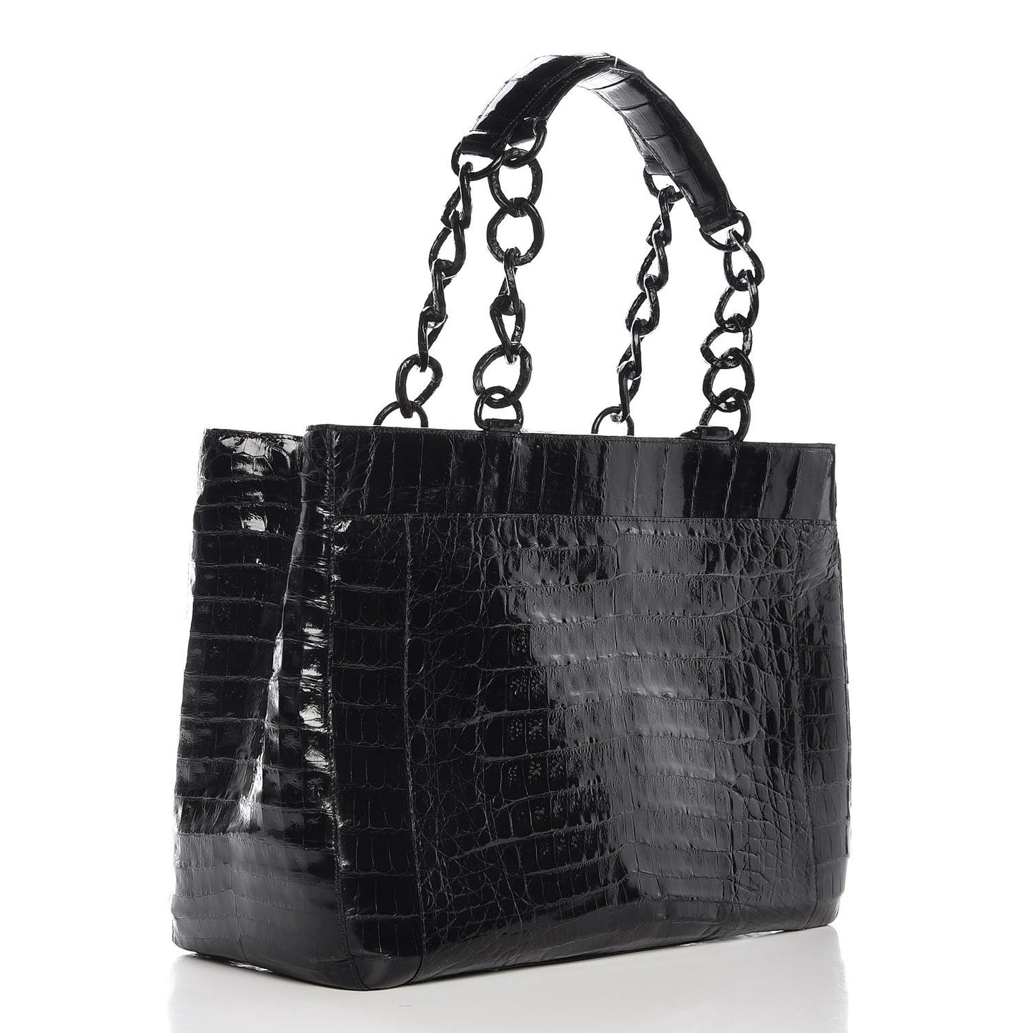 Glossy Crocodile Chain Tote Black