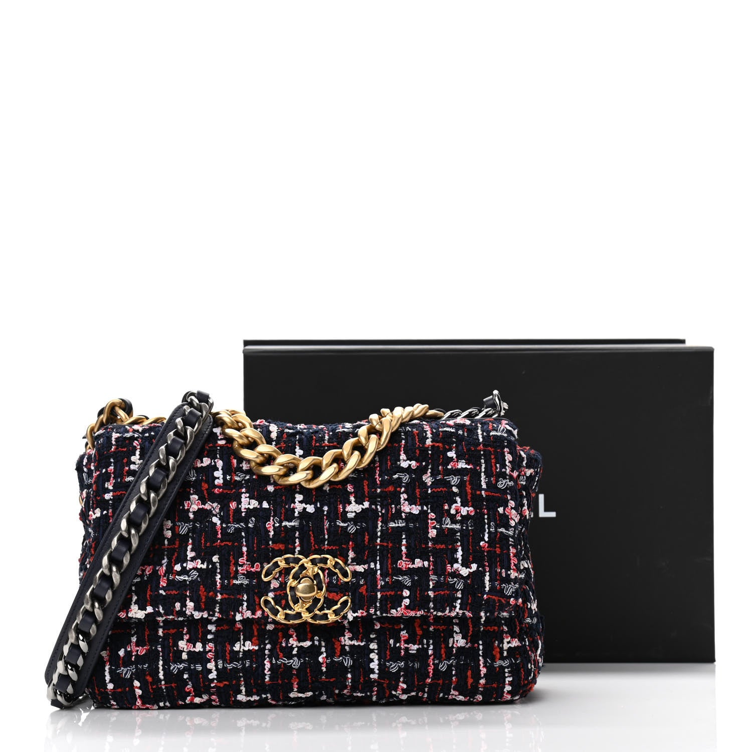 Chanel Tweed Quilted Medium Chanel 19 Flap Navy Blue White Red 11 of 11
