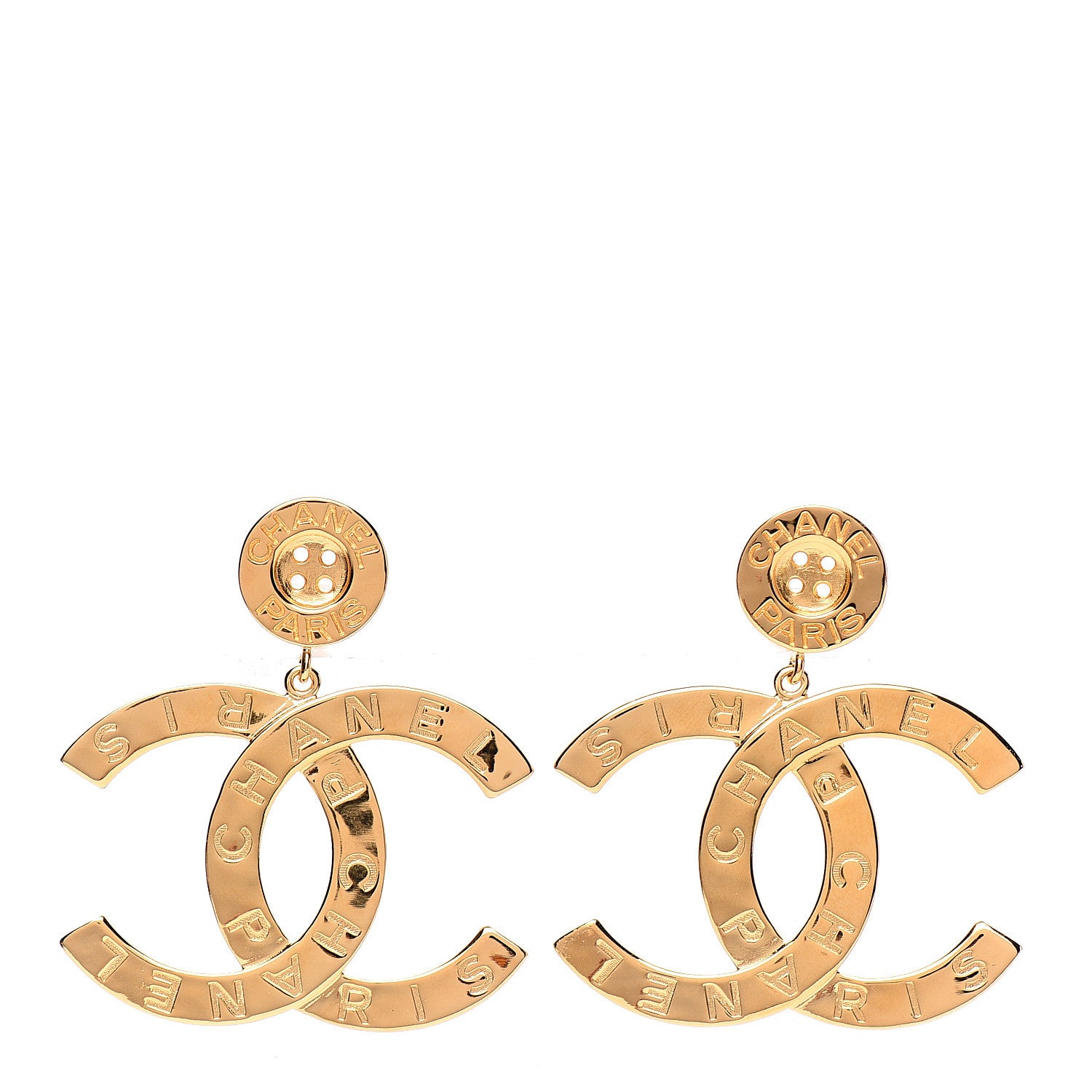 Chanel Metal Large Paris Button Clip On Earrings Gold 1 of 5