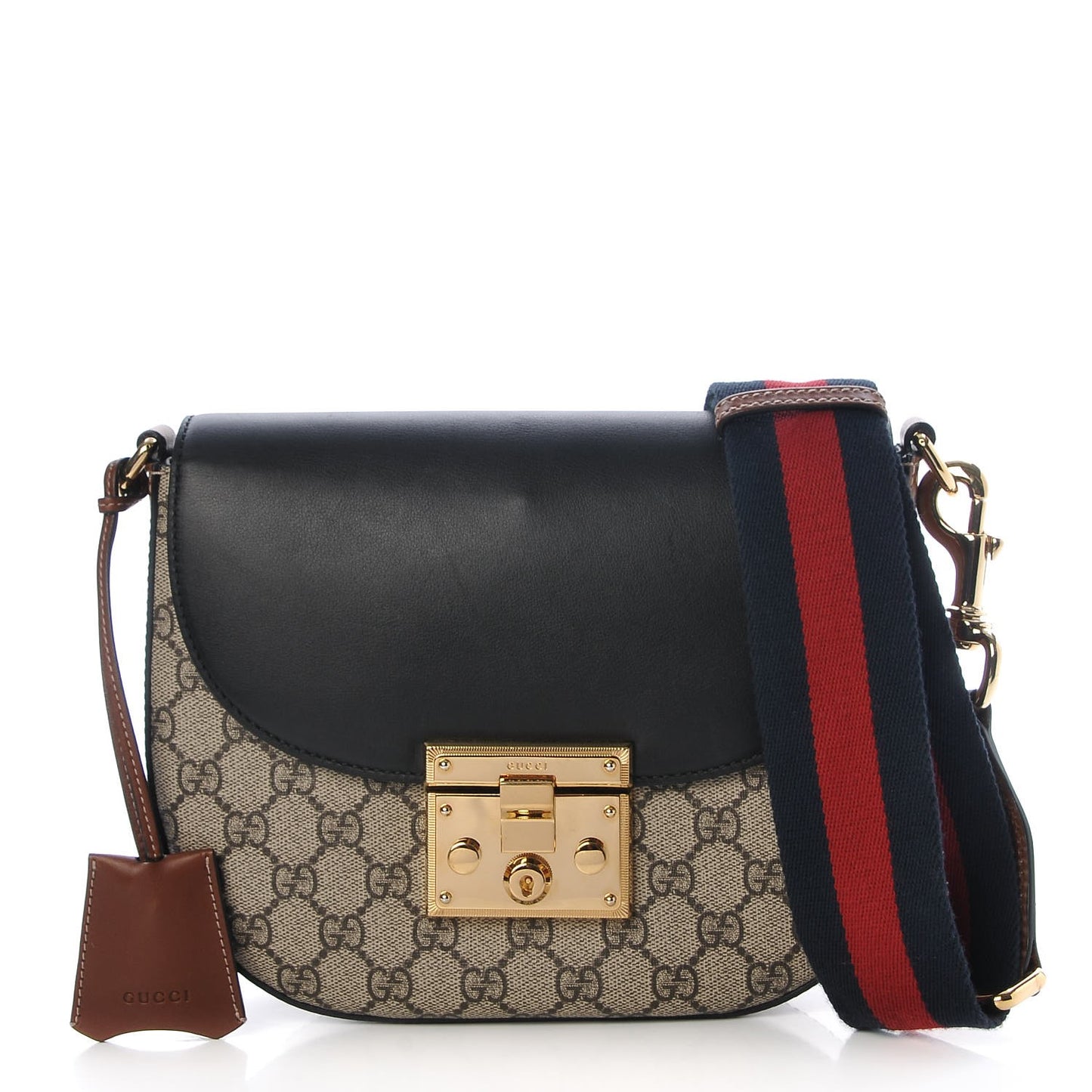 GG Supreme Monogram Web Medium Padlock Messenger Shoulder Bag Black