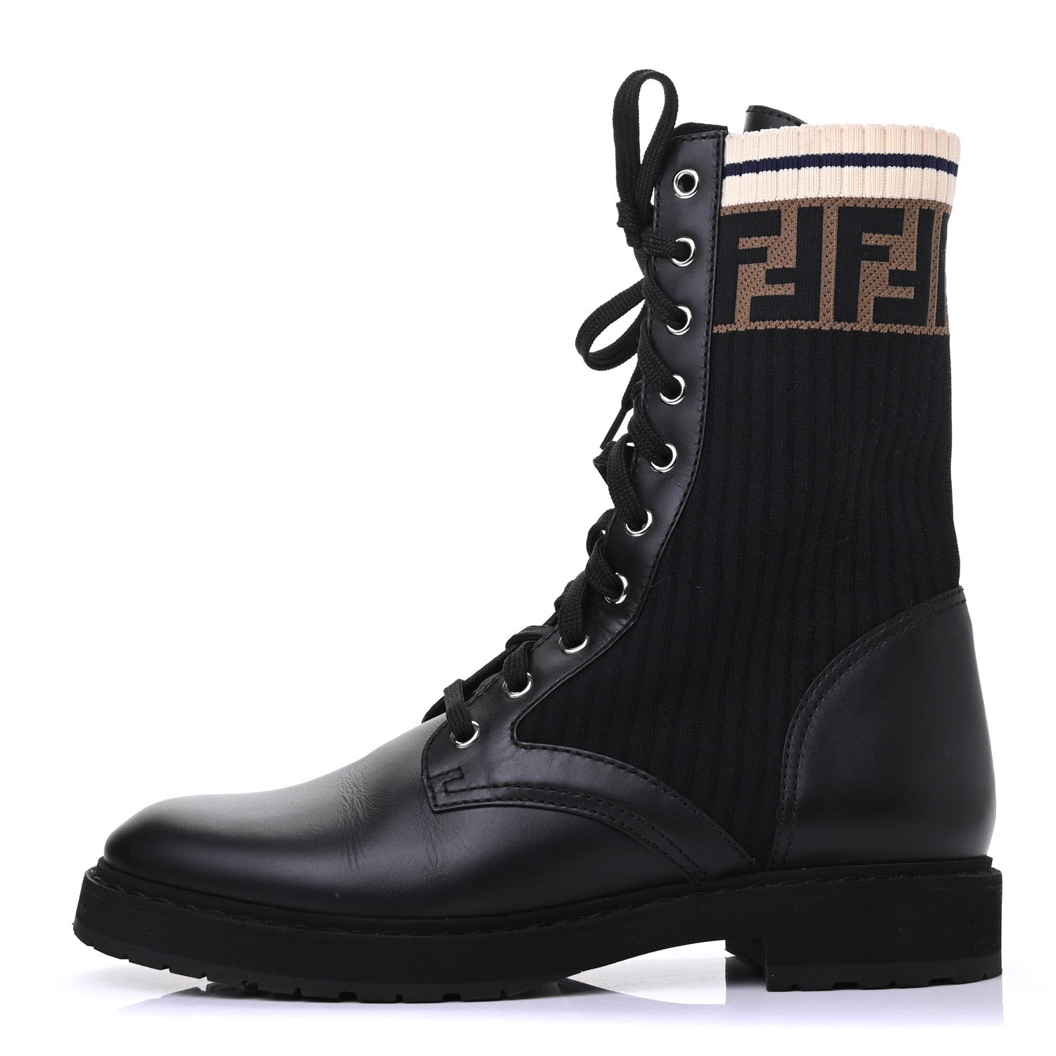Fendi Calfskin Stretch Fabric Rockoko Biker Boots 38.5 Tobacco Black Marino 1 of 7