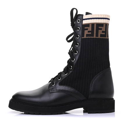 Fendi Calfskin Stretch Fabric Rockoko Biker Boots 38.5 Tobacco Black Marino 1 of 7