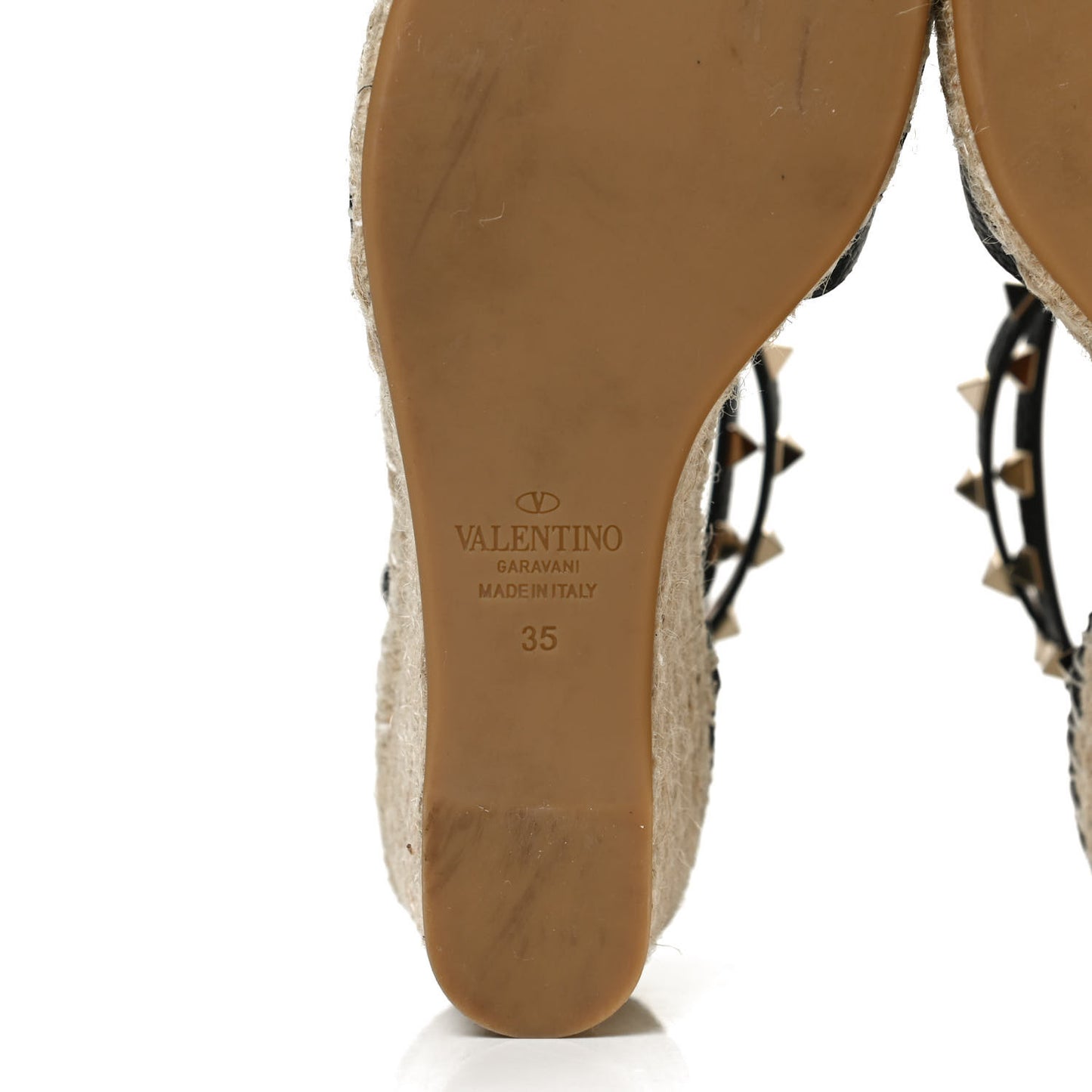 Grained Calfskin Rockstud Ankle Wrap Espadrille 15/85mm Wedges 35 Black Light Cuir
