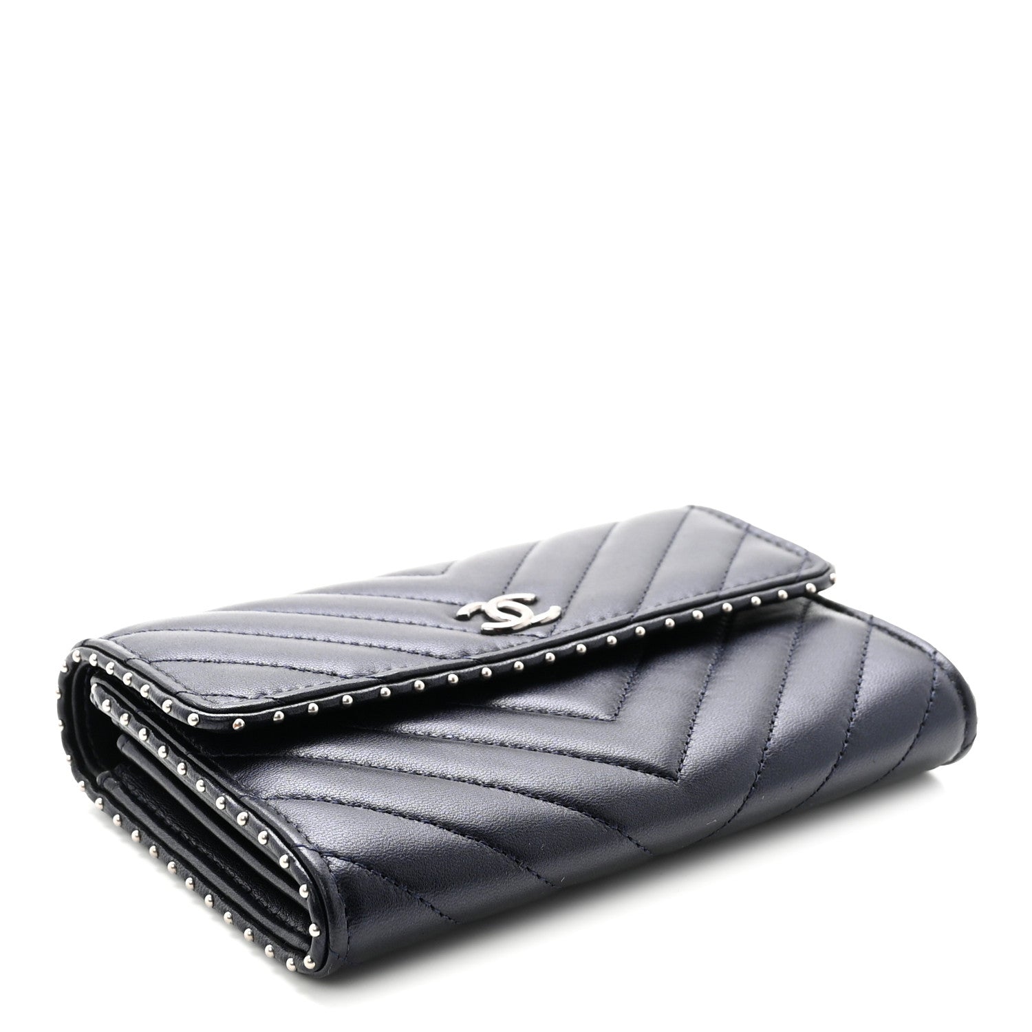Chanel Lambskin Chevron Quilted Studded Small Flap Wallet Navy Blue 4 of 8