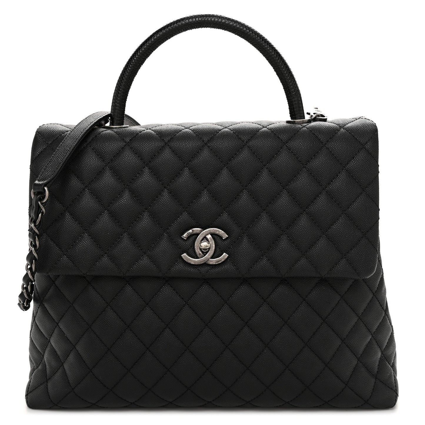 Caviar Lizard Quilted Large Coco Handle Flap Black