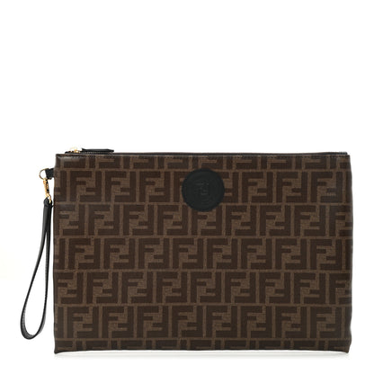 Fendi Glazed Fabric Vitello Century FF 1974 Stamp Patch Large Flat Pouch Mogano Panna Black 1 of 7