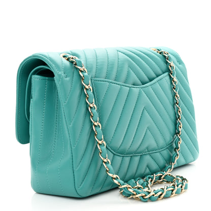 Chanel Lambskin Chevron Quilted Medium Double Flap Turquoise 3 of 13