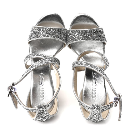 Jimmy Choo Coarse Glitter Cork Portia 120 Wedge Sandals 36.5 Silver 2 of 8