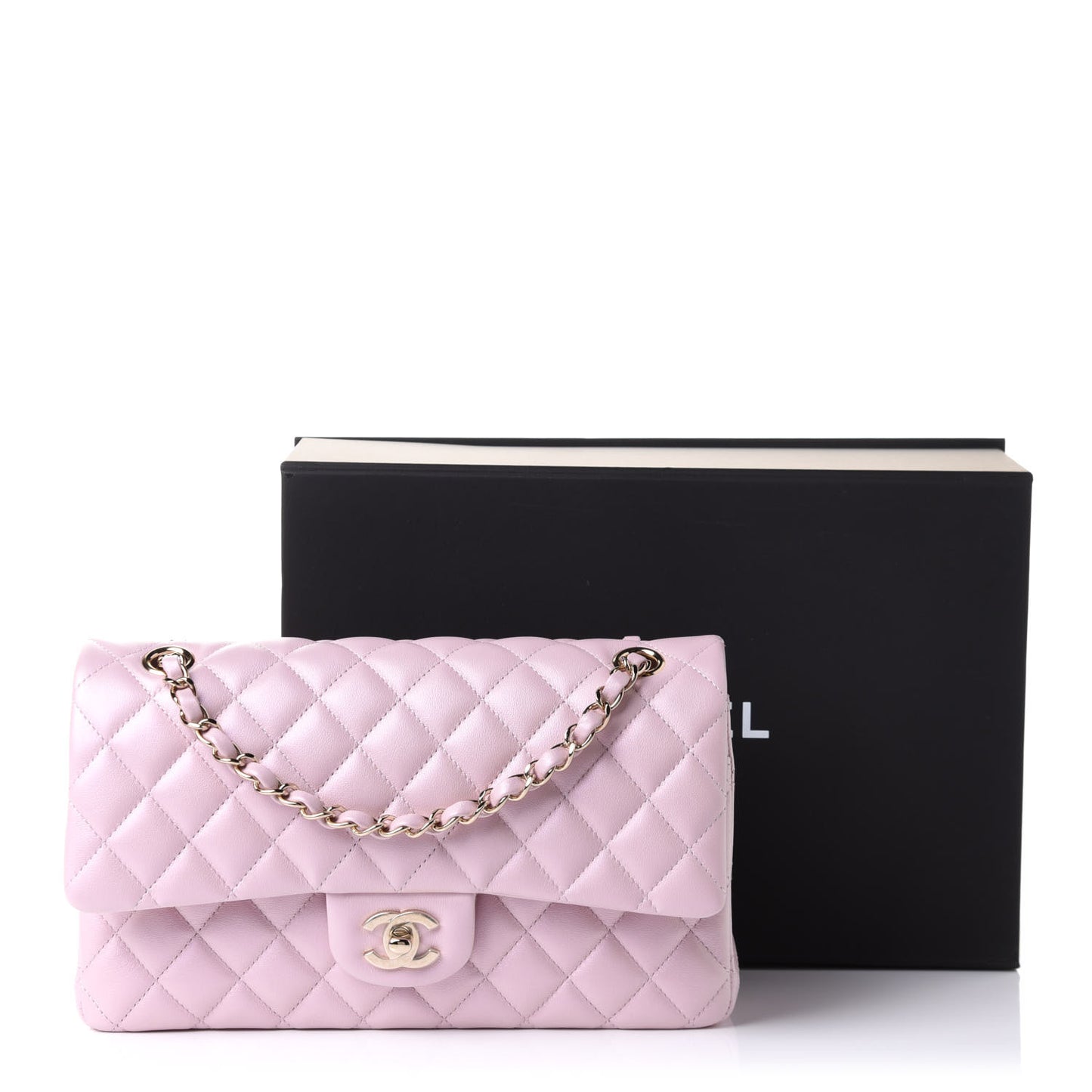 Iridescent Calfskin Quilted Medium Double Flap Light Pink
