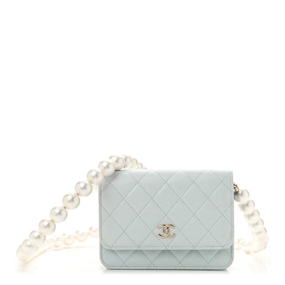Chanel Calfskin Quilted Mini Maxi Pearls Wallet On Chain WOC Light Blue 1 of 10