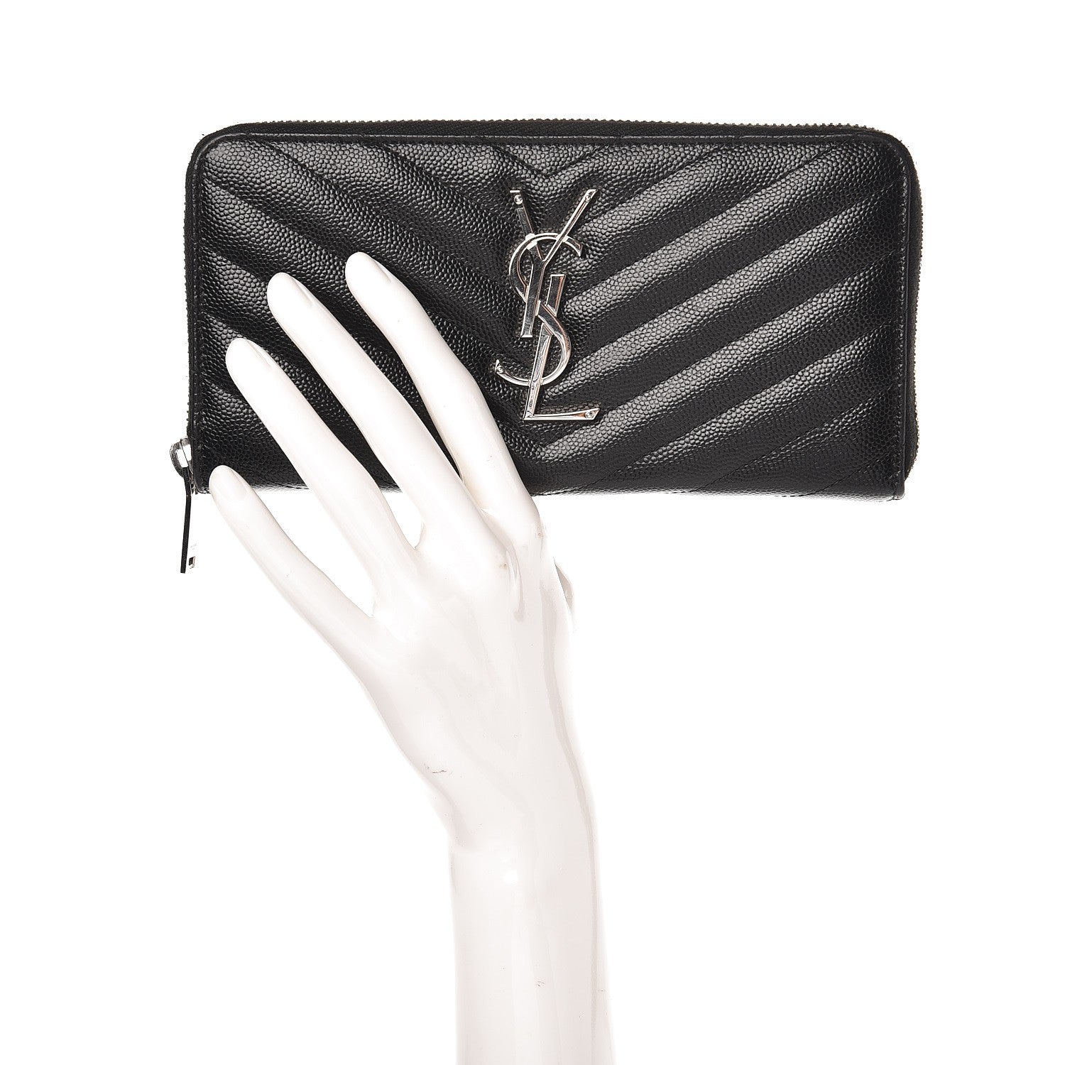 Saint Laurent Grain De Poudre Matelasse Chevron Monogram Zip Around Wallet Black 2 of 7